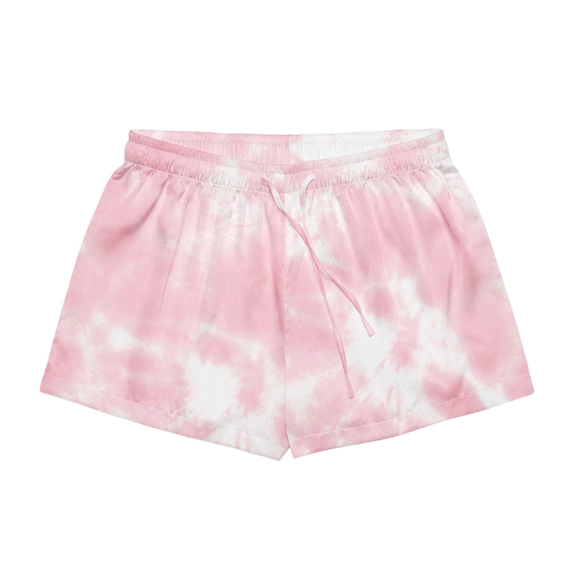 Women pink and white tie dye silky pajama shorts with elastic waistband and drawstring for lightweight relaxed fit