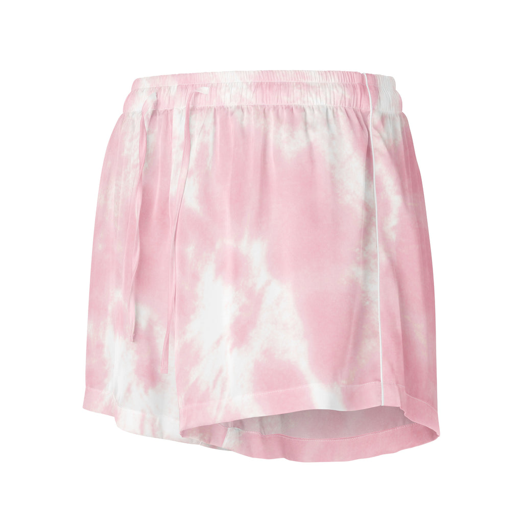 Women’s pink and white tie dye silky pajama shorts with elastic waistband lightweight relaxed fit and drawstring waist