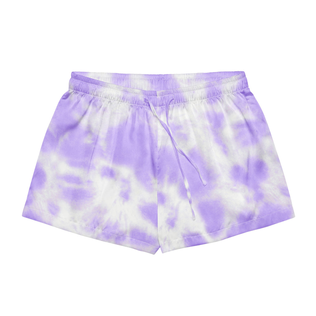 Women’s purple and white tie dye silky pajama shorts with elastic waistband and lightweight relaxed fit with drawstring waist