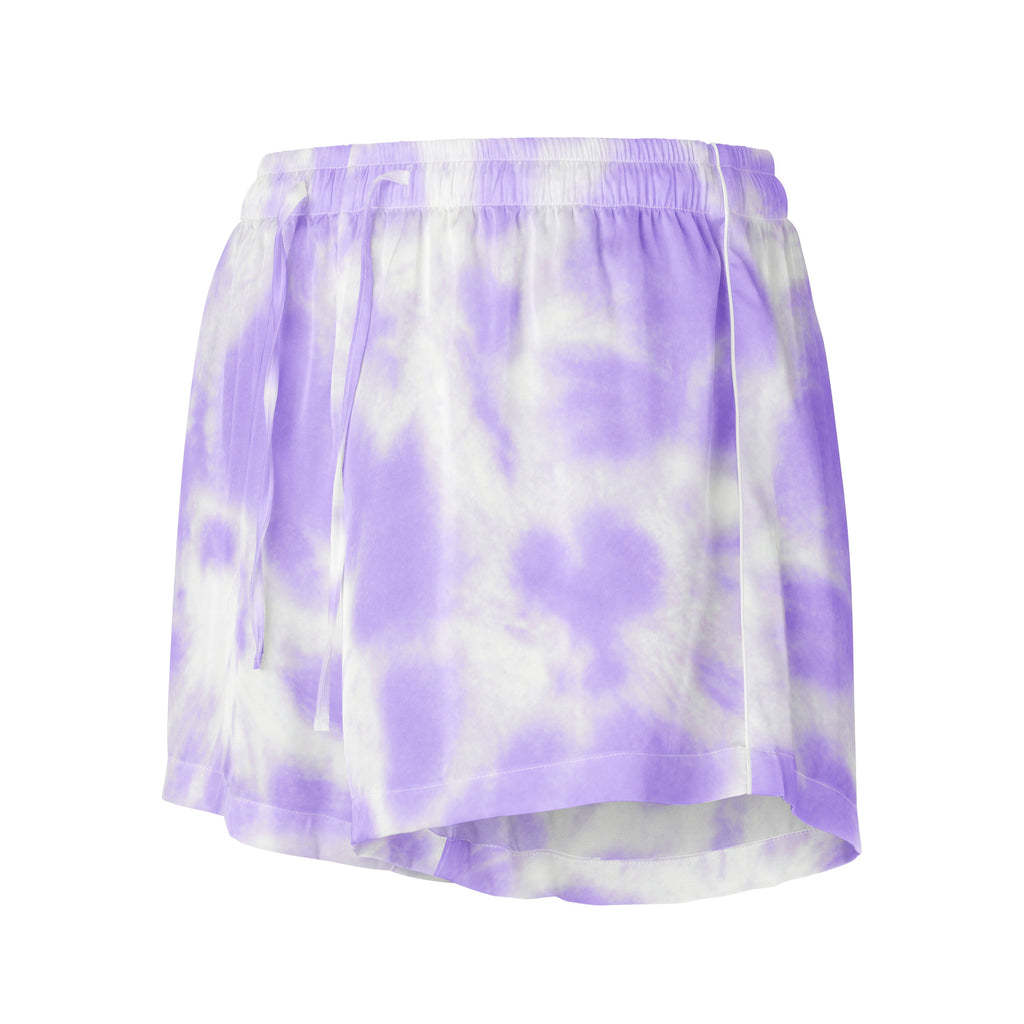 Women’s purple and white tie dye silky pajama shorts with elastic waistband lightweight relaxed fit and drawstring waist
