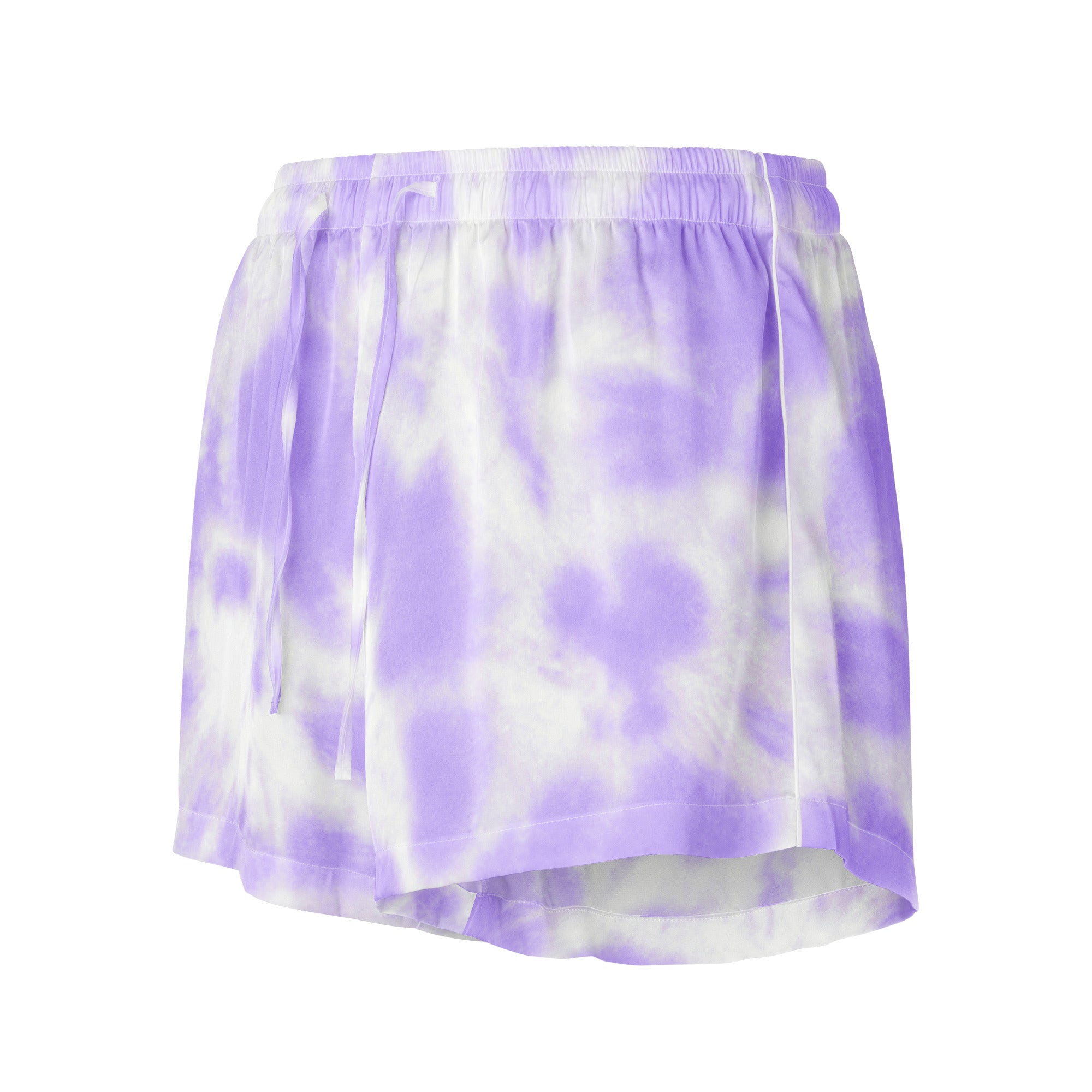 Women’s purple and white tie dye silky pajama shorts with elastic waistband lightweight relaxed fit and drawstring waist