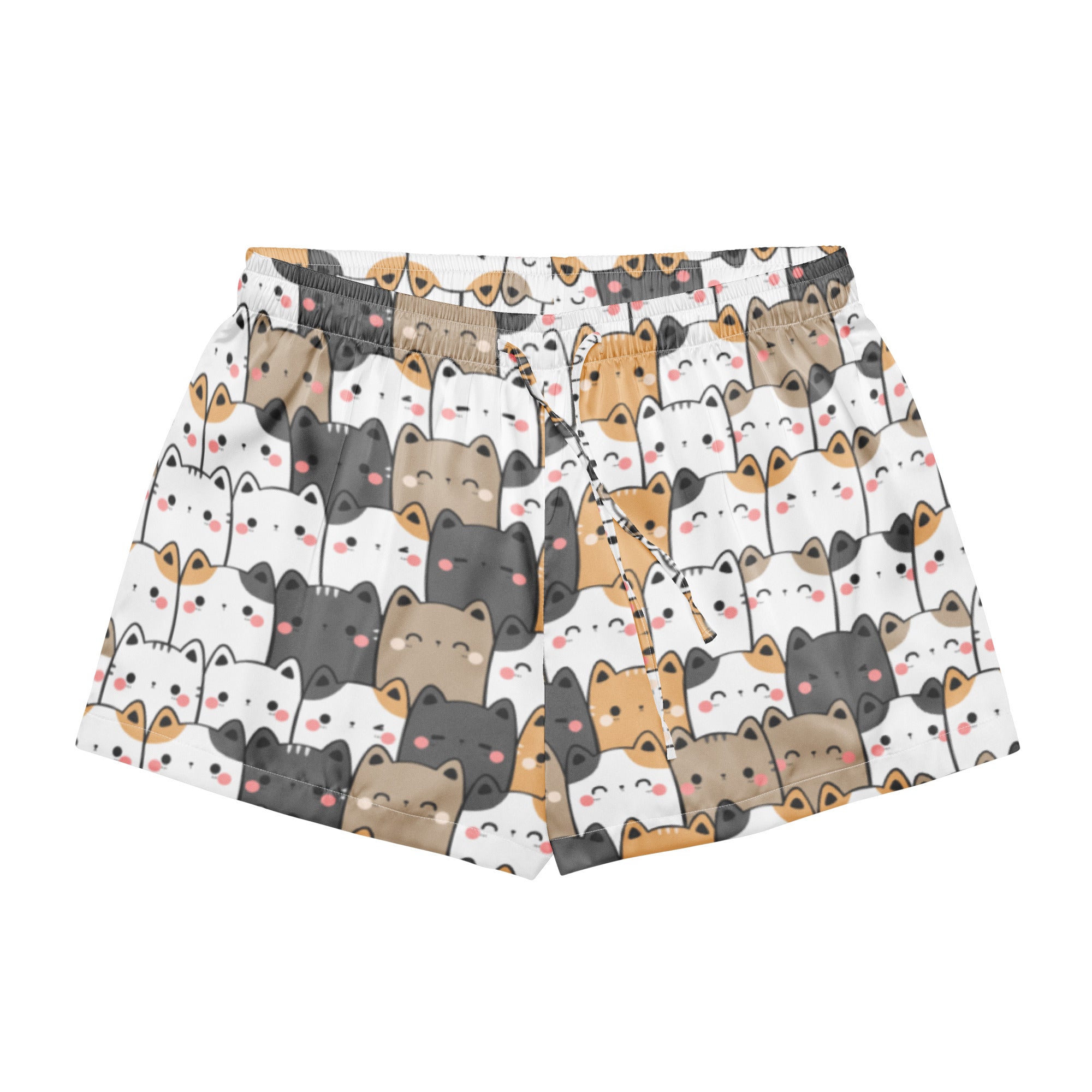 White silky pajama shorts for women with lightweight relaxed fit and kawaii gray black and tan cartoon cat pattern