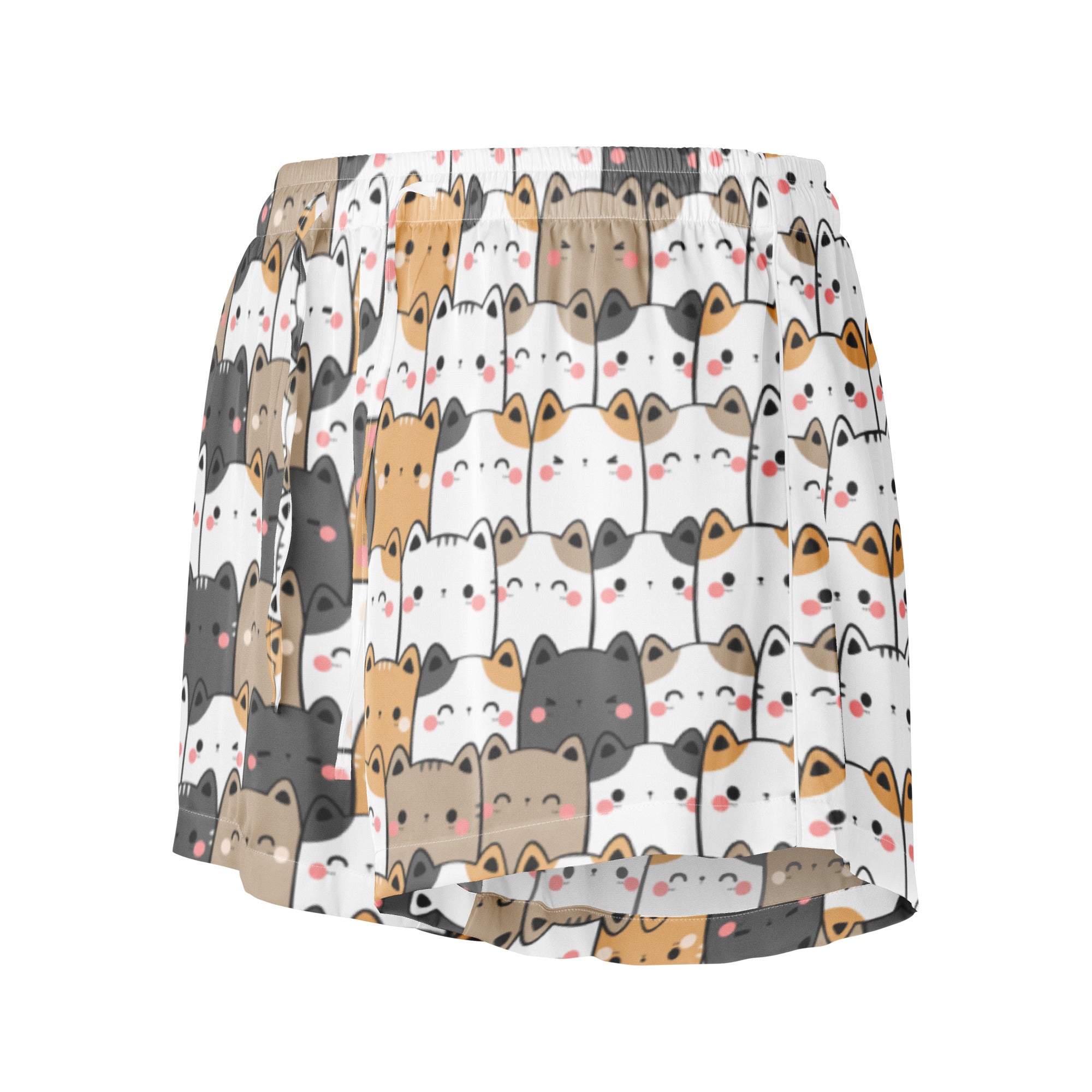 White silky pajama shorts with lightweight relaxed fit and beige gray orange cartoon cat pattern for women