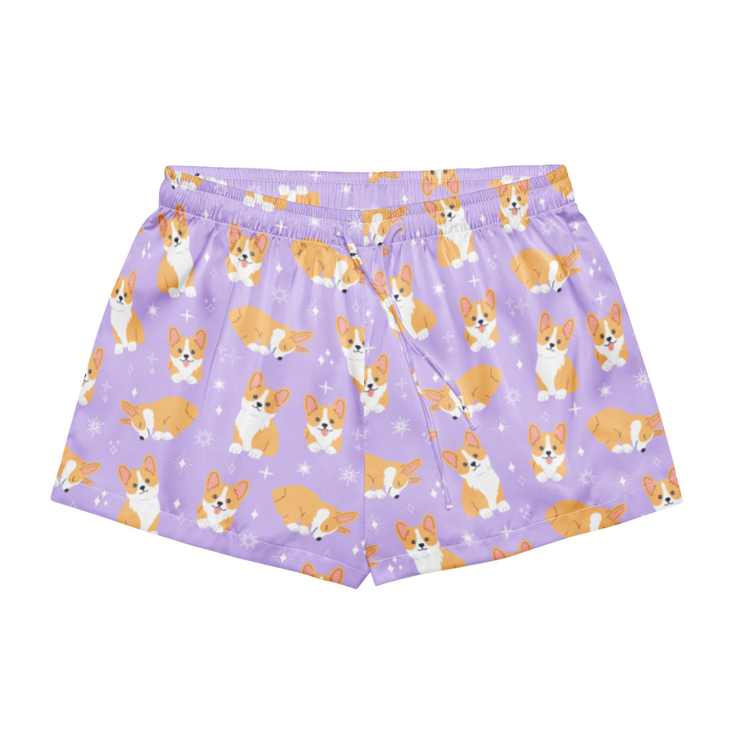 Women’s purple silky pajama shorts with playful orange and white corgi pattern and small star accents lightweight relaxed fit