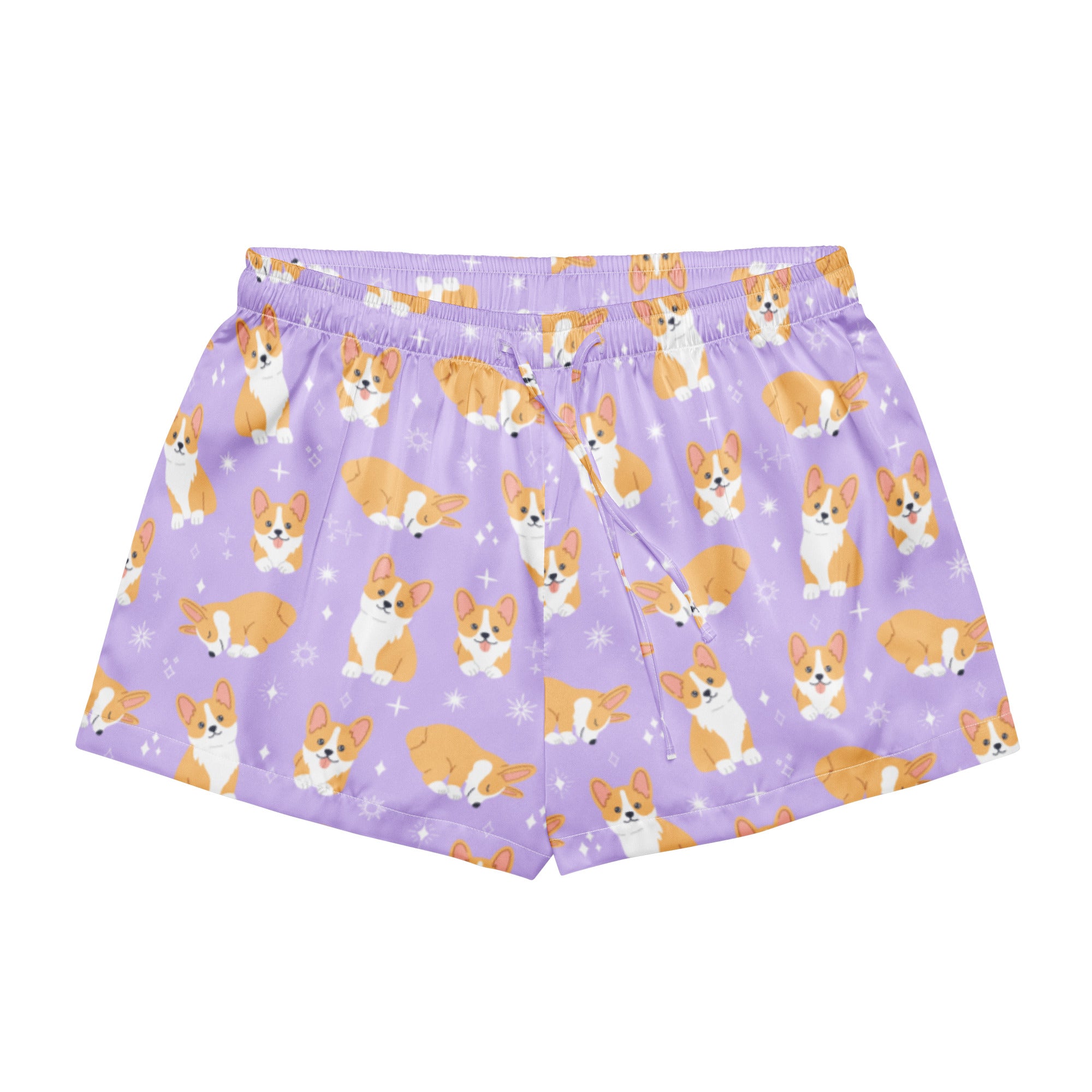 Women’s purple silky pajama shorts with playful orange and white corgi pattern and small star accents lightweight relaxed fit
