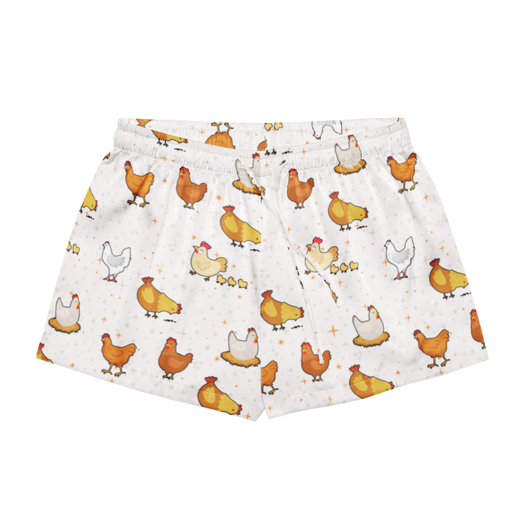 Women’s white silky pajama shorts with a colorful cartoon chicken pattern and lightweight relaxed fit with drawstring waist