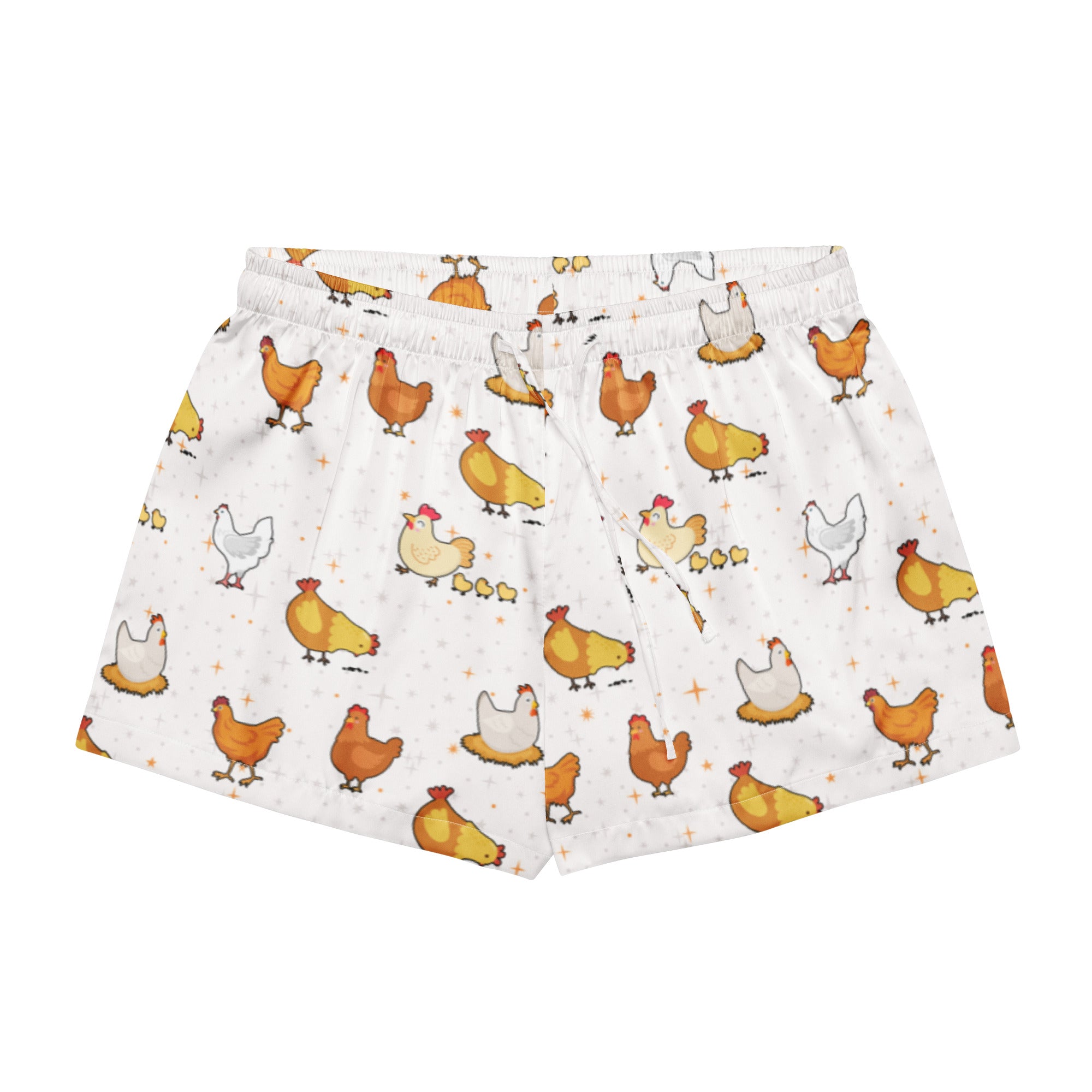 Women’s white silky pajama shorts with a colorful cartoon chicken pattern and lightweight relaxed fit with drawstring waist
