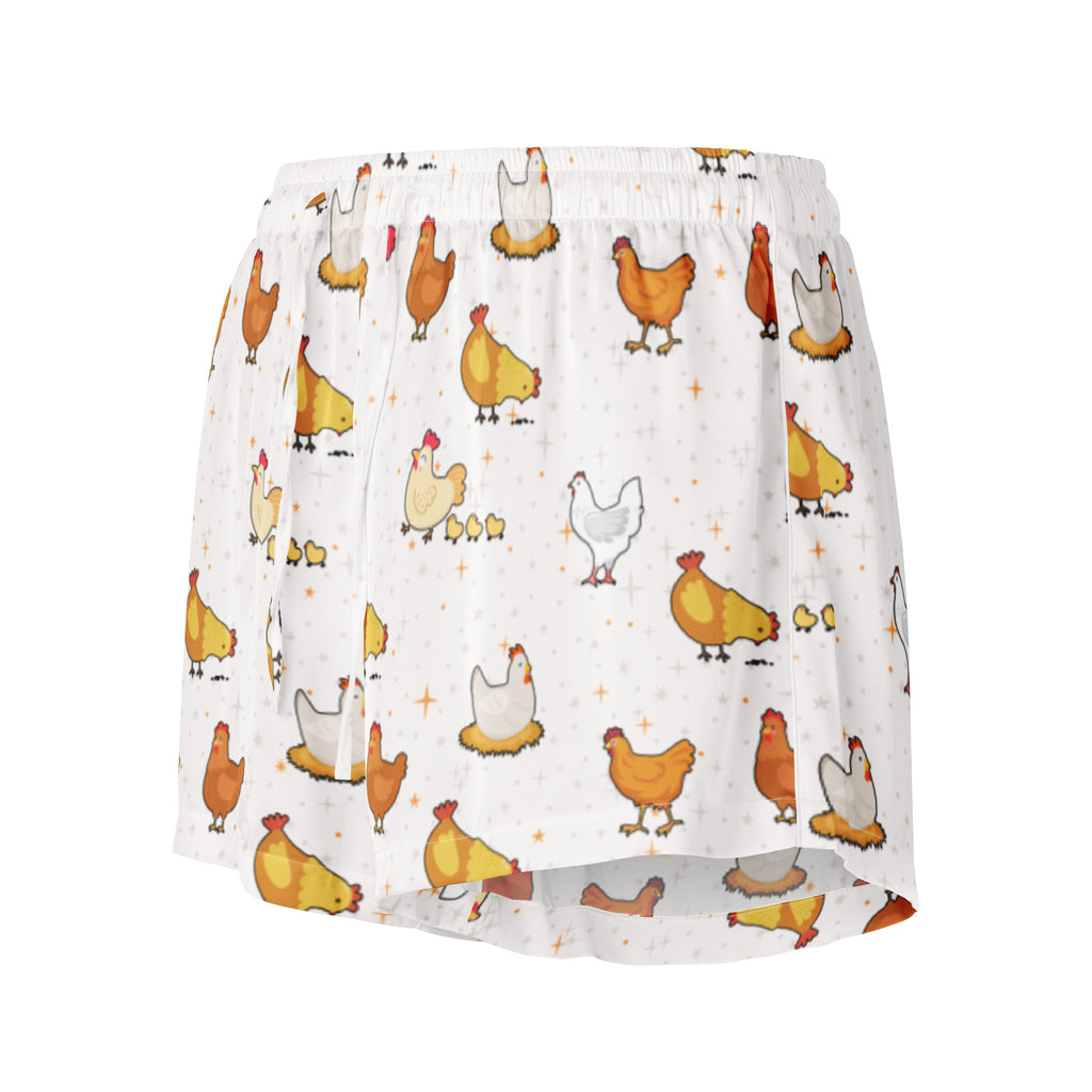 Women’s white silky pajama shorts with playful colorful cartoon chicken pattern lightweight relaxed fit with drawstring waist