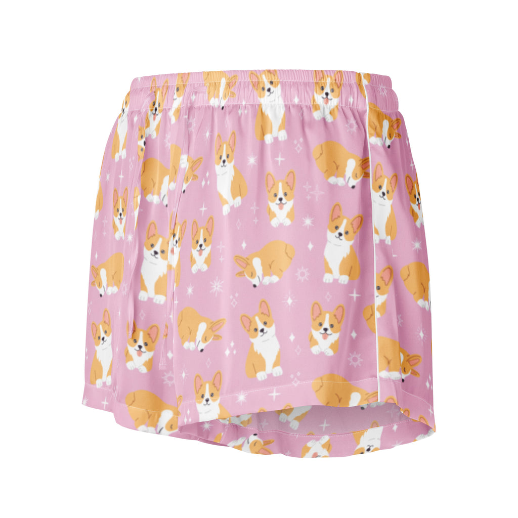 Women’s Pink Corgi Dog Silky Pajama Shorts – Lightweight Relaxed Fit with Drawstring Waist