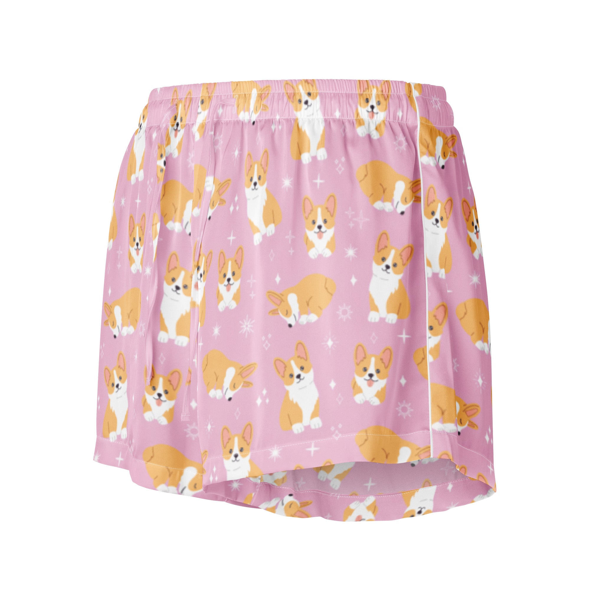 Women’s Pink Corgi Dog Silky Pajama Shorts – Lightweight Relaxed Fit with Drawstring Waist