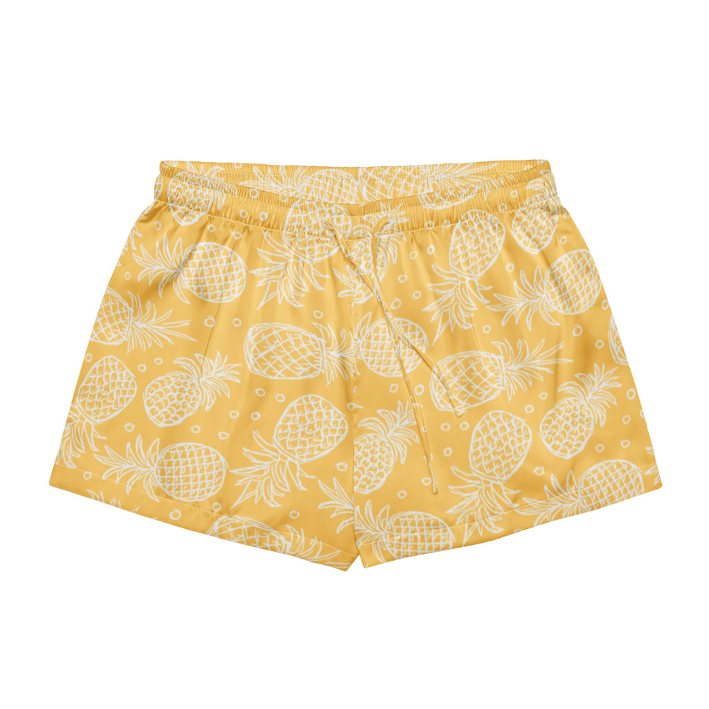 Women’s yellow silky pajama shorts with white pineapple pattern lightweight relaxed fit and drawstring waist