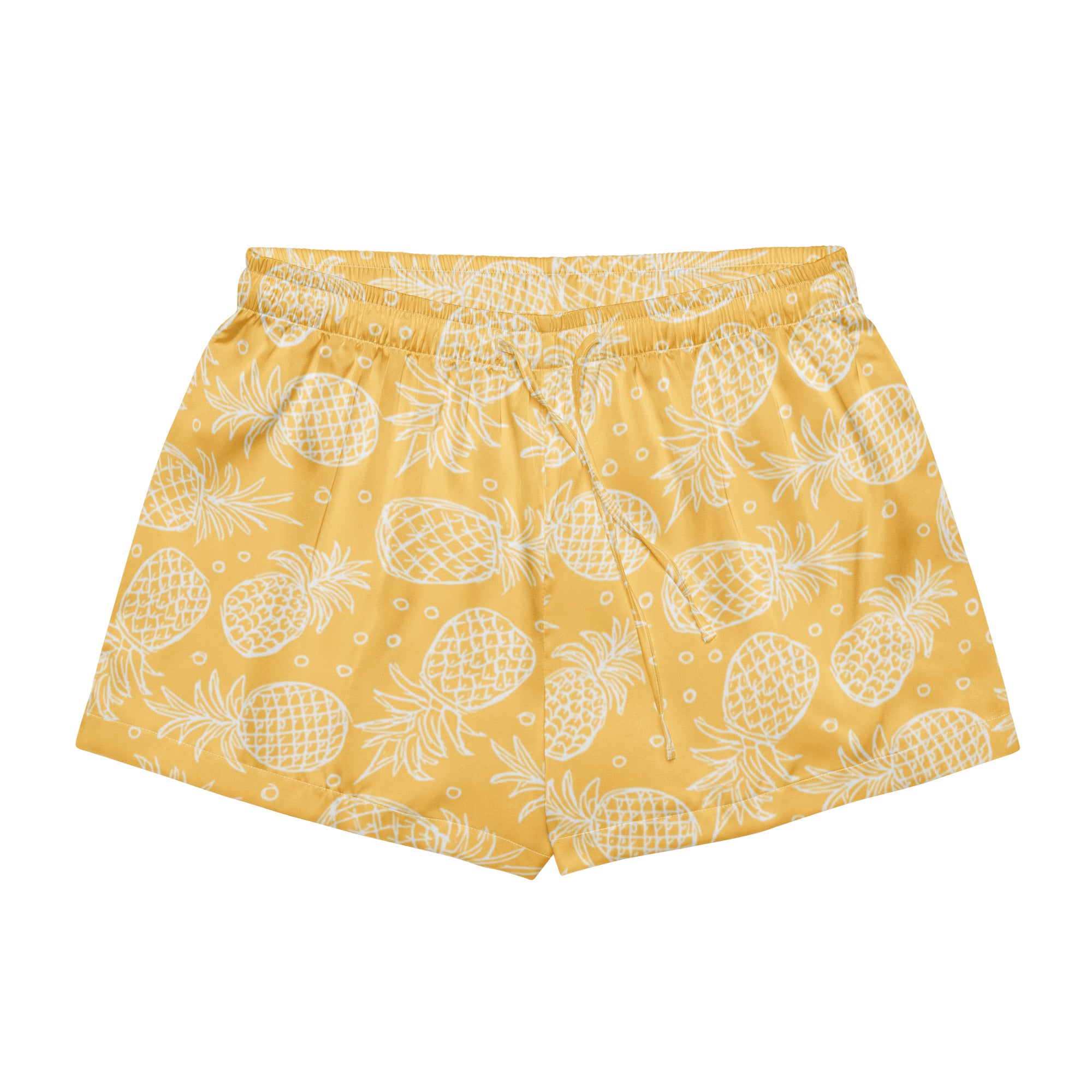 Women’s yellow silky pajama shorts with white pineapple pattern lightweight relaxed fit and drawstring waist