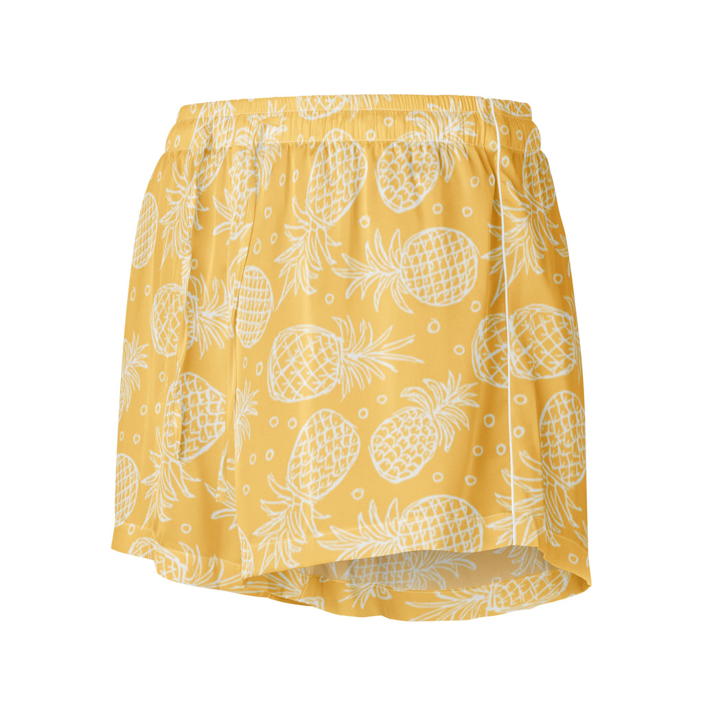 Women’s yellow pineapple silky pajama shorts with white outlines and dot accents in lightweight relaxed fit