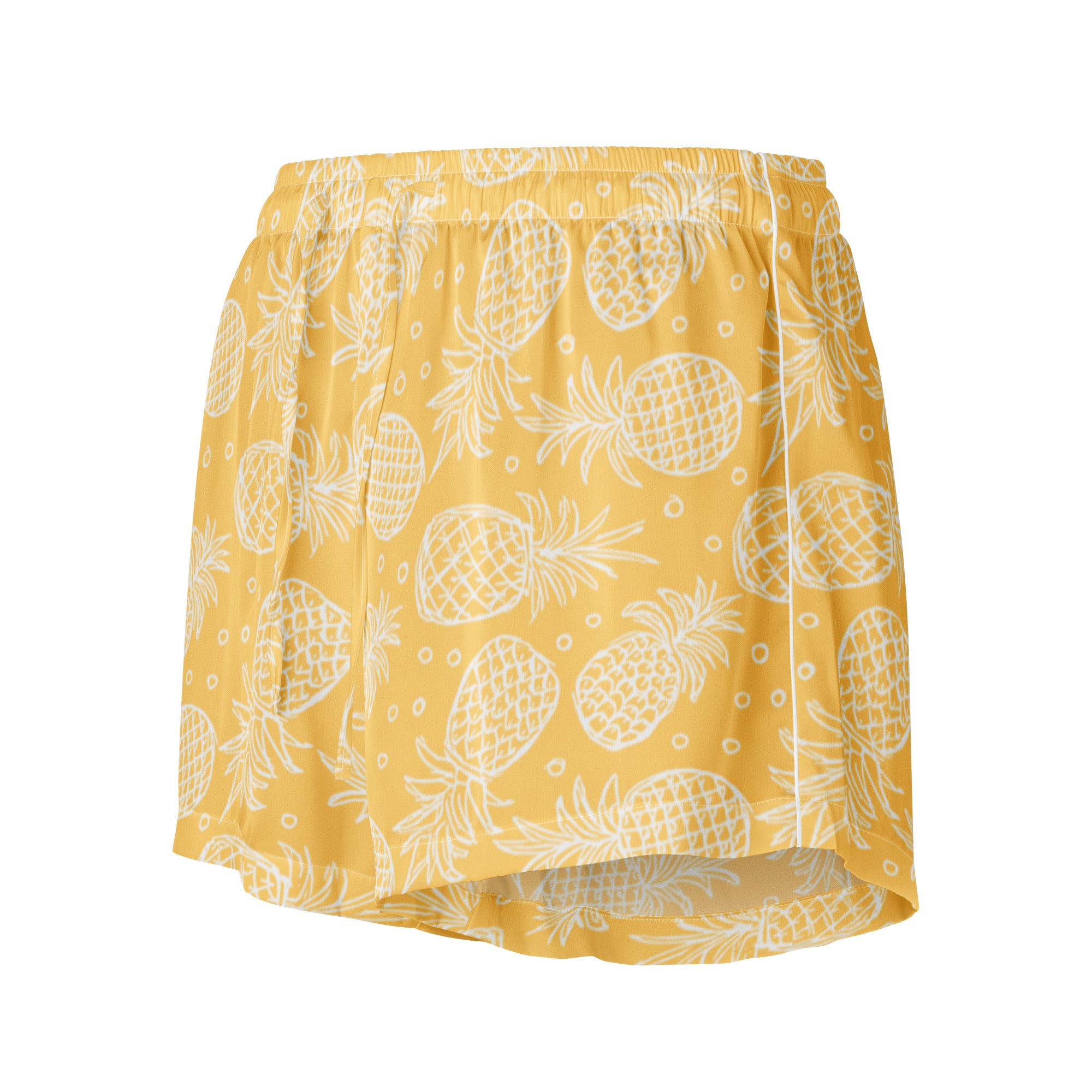 Women’s yellow pineapple silky pajama shorts with white outlines and dot accents in lightweight relaxed fit