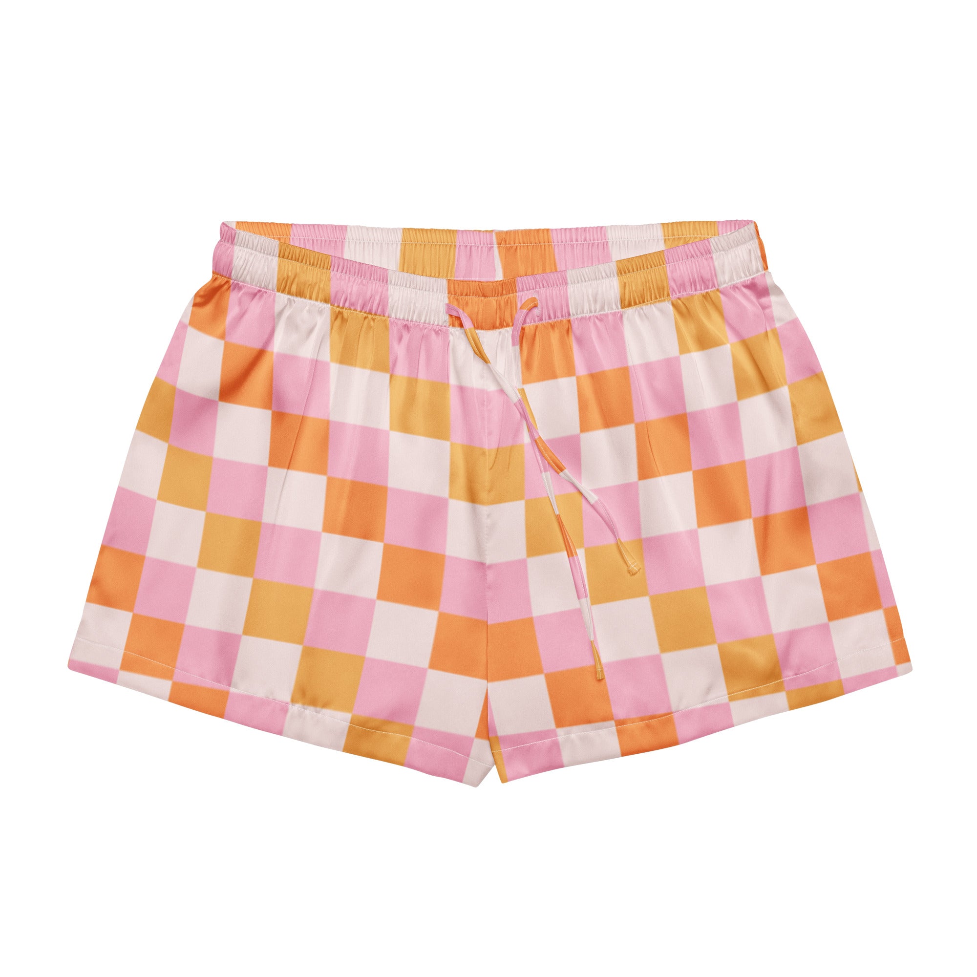 Women’s pink and orange checkered silky pajama shorts with white waistband and drawstring for lightweight comfort