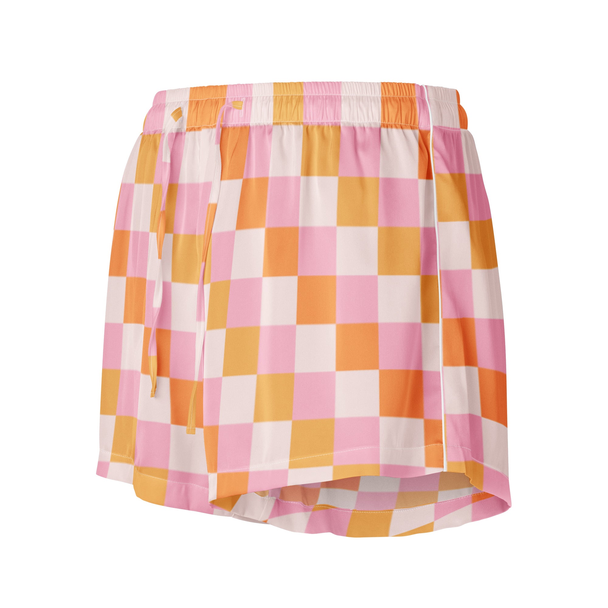Women’s pink and orange checkered silky pajama shorts with white elastic waistband lightweight relaxed fit