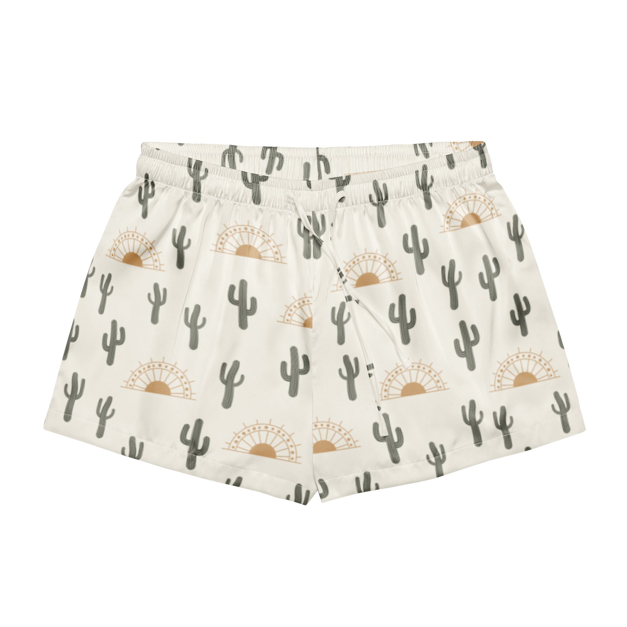 Women’s cream-colored silky pajama shorts with gray cactus and golden sunset pattern lightweight relaxed fit