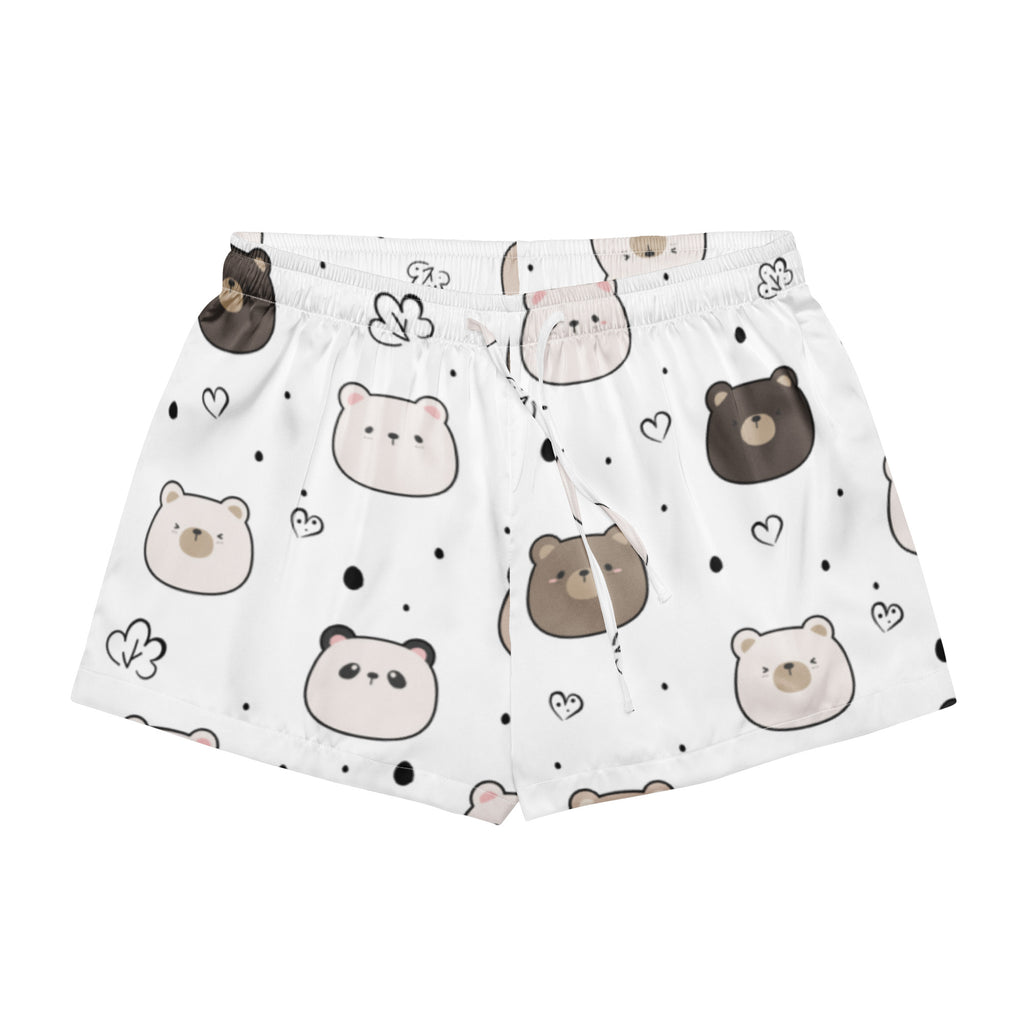 Women’s cute bear silky pajama shorts in white with playful brown bear pattern hearts and black dots, lightweight fit with drawstring waist