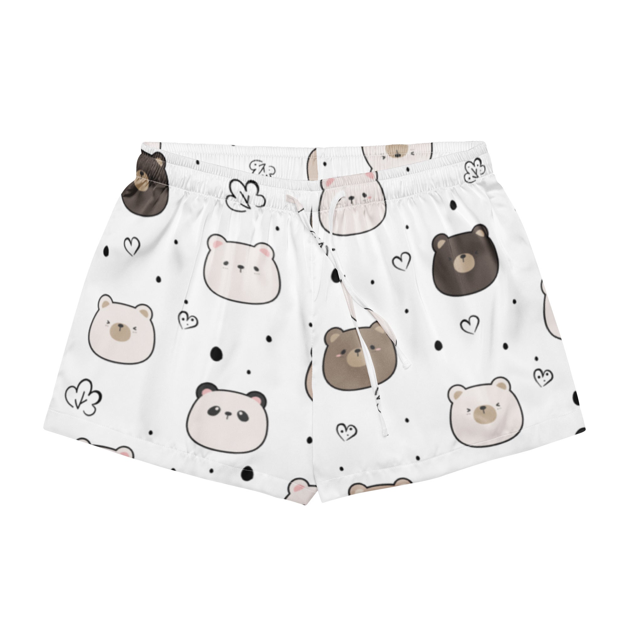 Women’s cute bear silky pajama shorts in white with playful brown bear pattern hearts and black dots, lightweight fit with drawstring waist