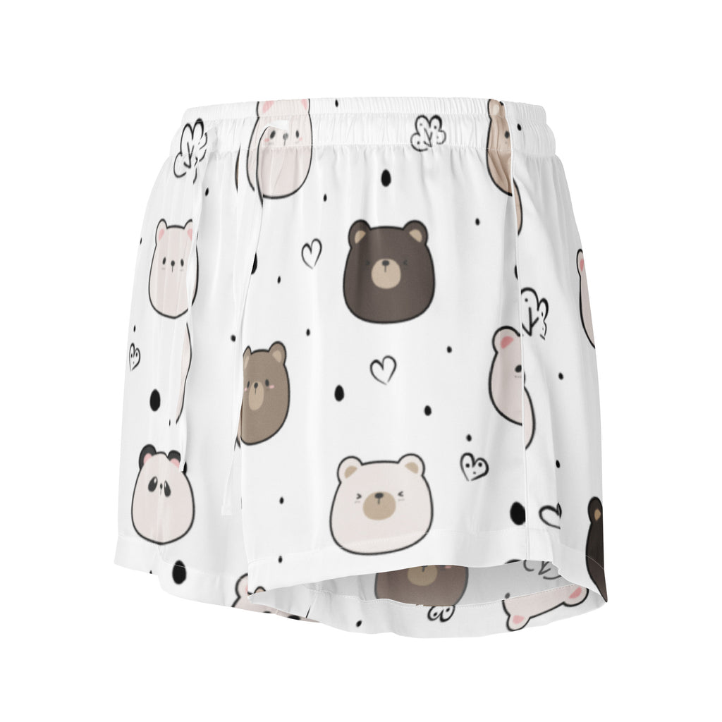 Women’s cute bear silky pajama shorts in white with playful brown bear pattern lightweight relaxed fit with drawstring waist