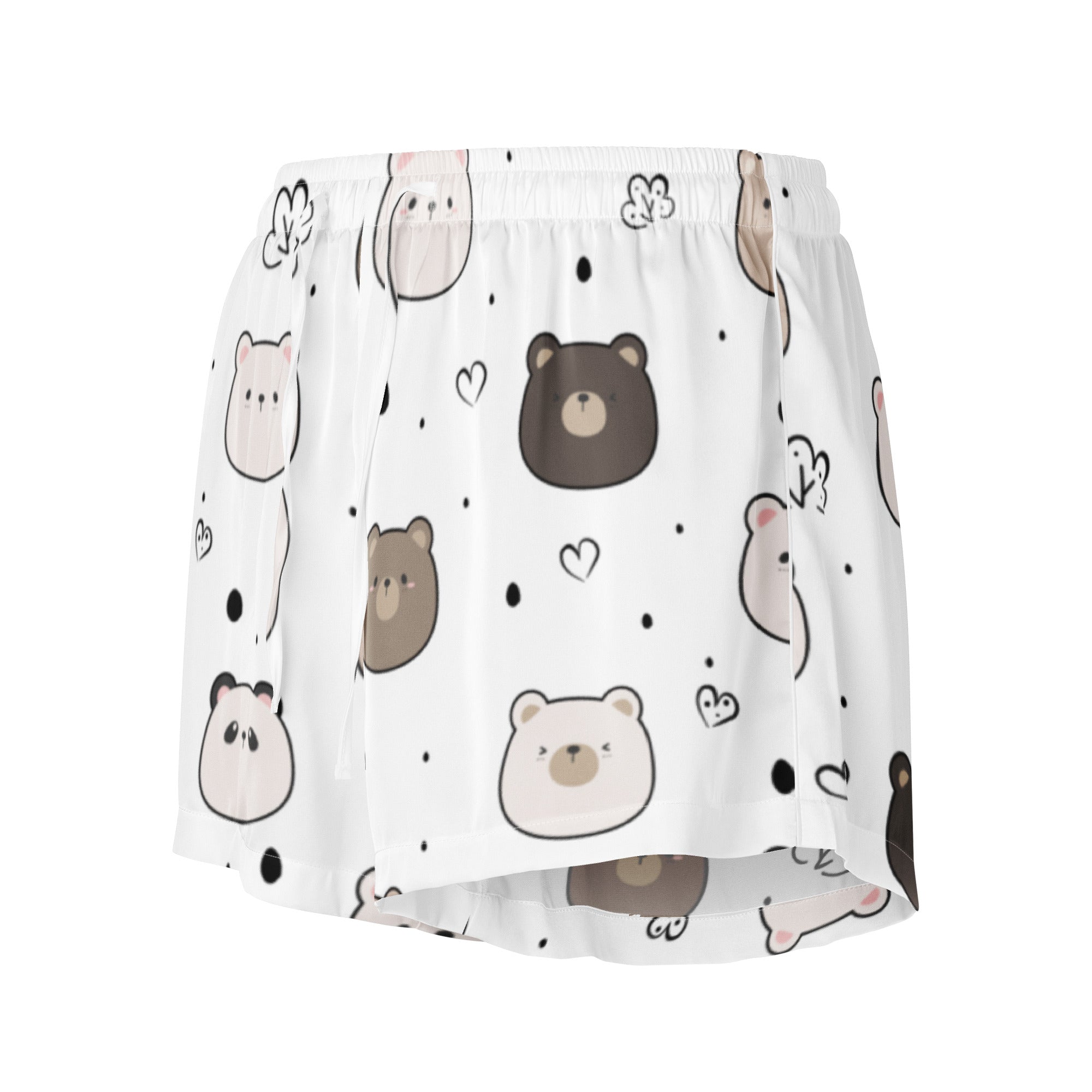 Women’s cute bear silky pajama shorts in white with playful brown bear pattern lightweight relaxed fit with drawstring waist
