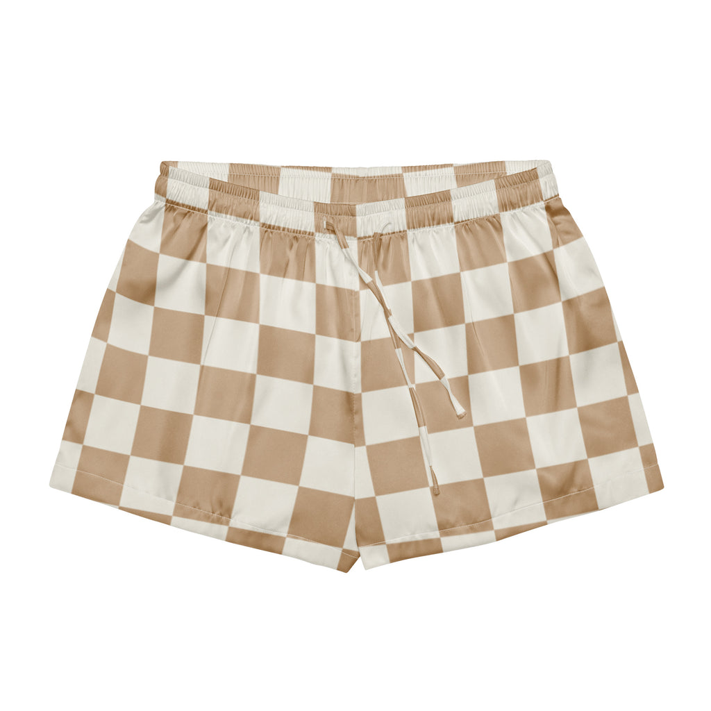 Women’s beige and white checkered silky pajama shorts with elastic waistband and drawstring for lightweight comfort