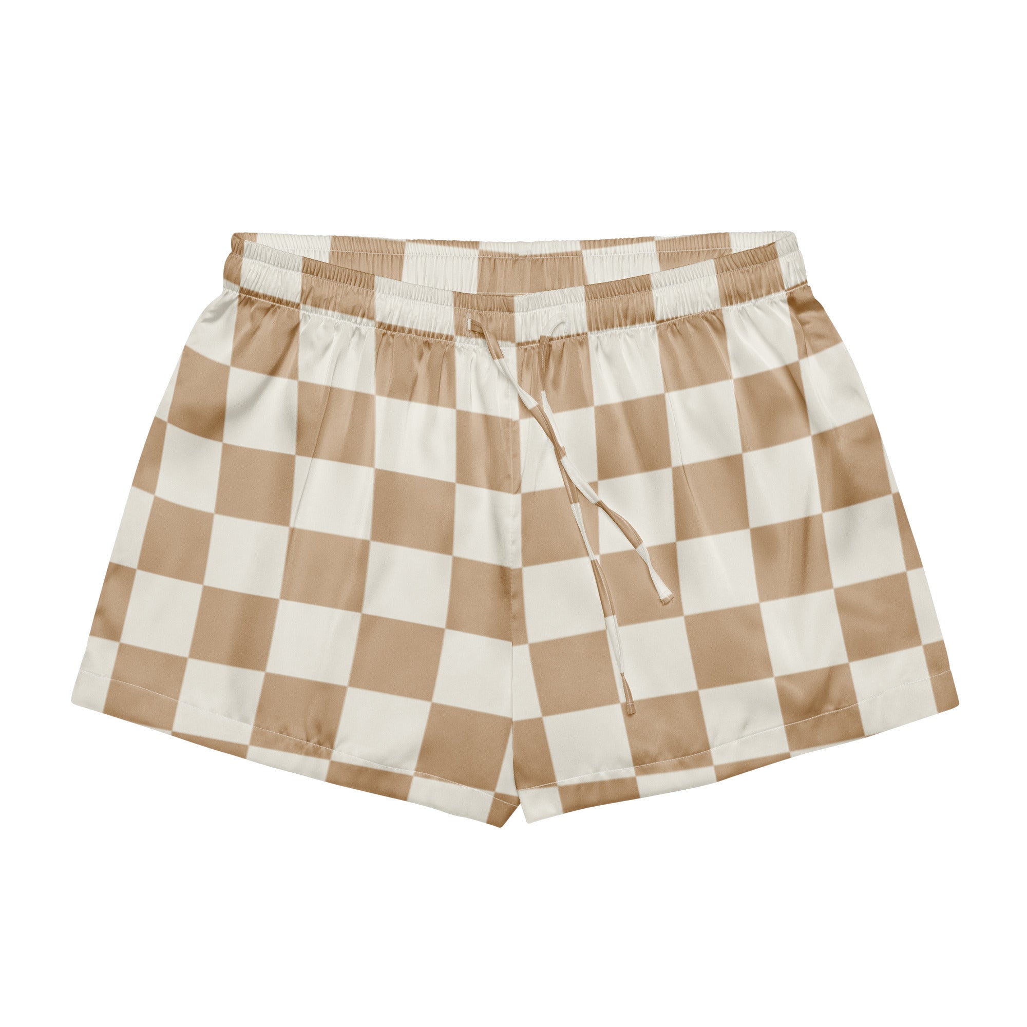 Women’s beige and white checkered silky pajama shorts with elastic waistband and drawstring for lightweight comfort