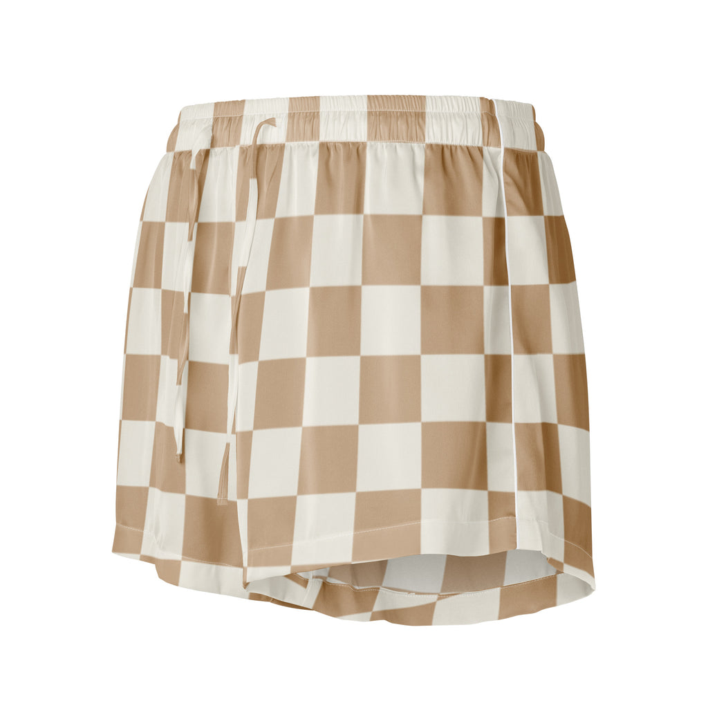 Women’s beige and white checkered silky pajama shorts with elastic waistband and drawstring for lightweight comfort
