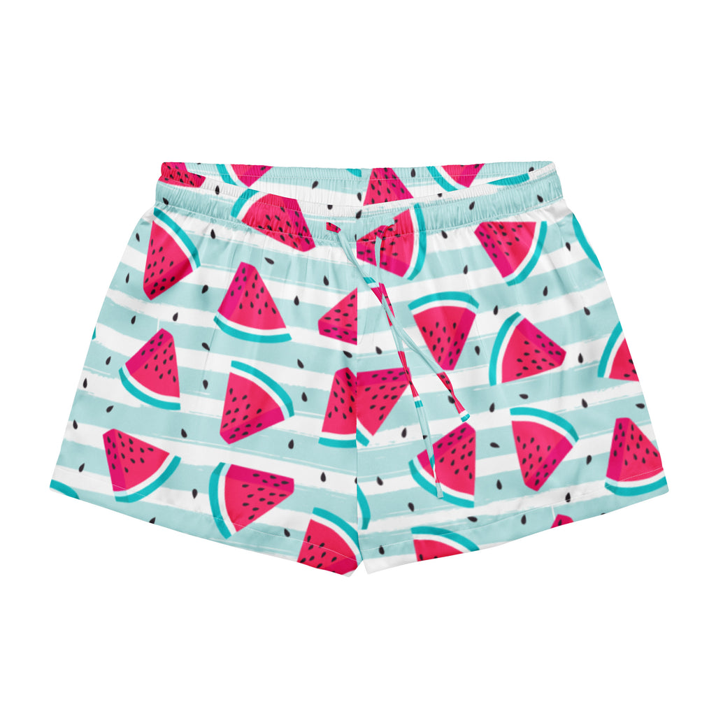 Women’s watermelon stripe silky pajama shorts in light blue white with pink watermelon slices and drawstring waist