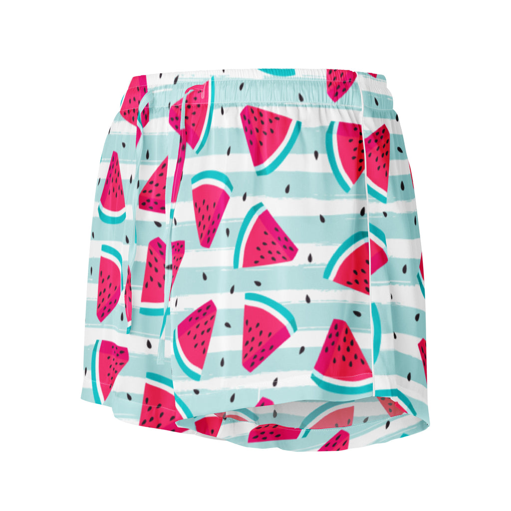 Women’s silky pajama shorts with a light blue and white striped base and vibrant pink watermelon print with drawstring waist