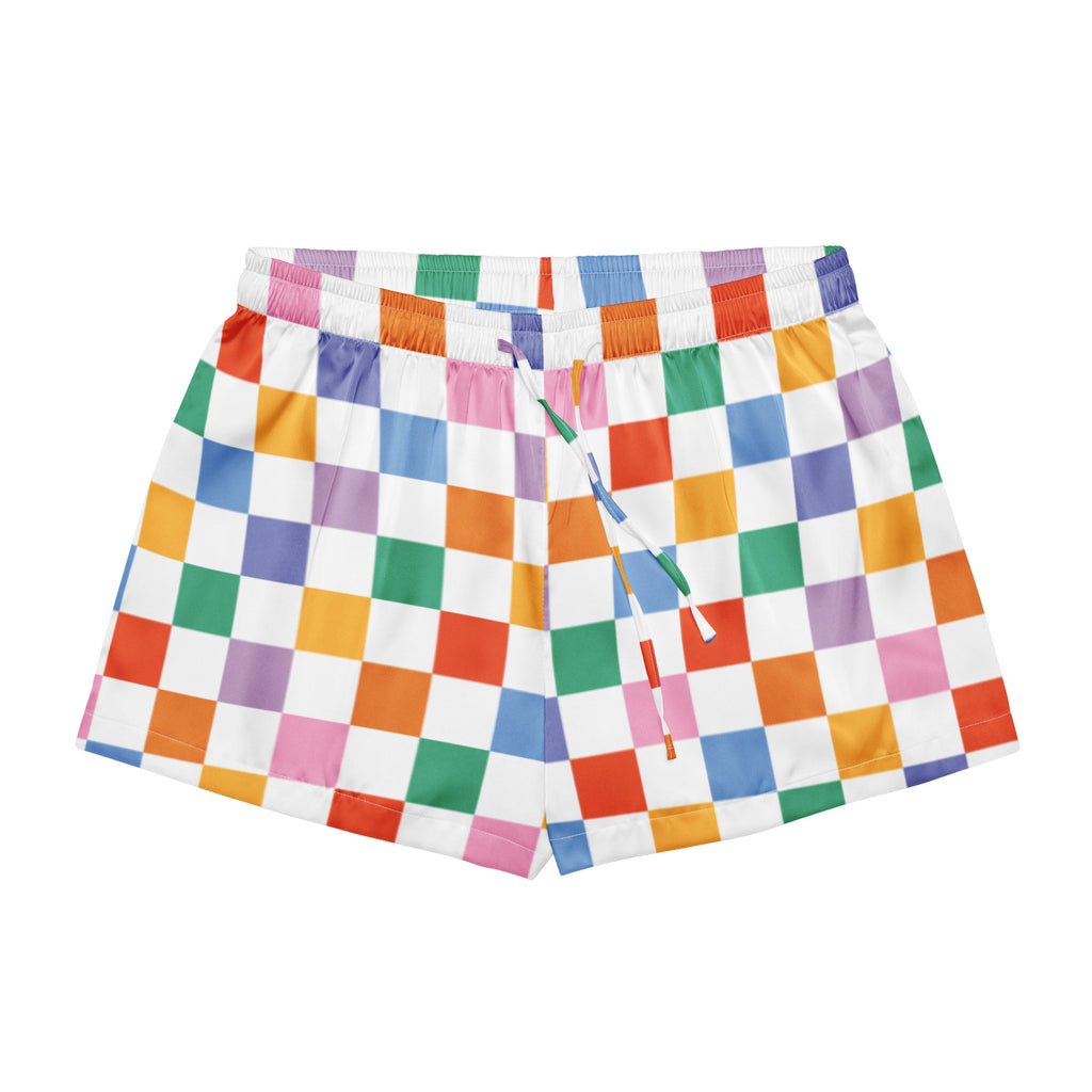 Women’s colorful checkerboard silky pajama shorts with rainbow checkered pattern white waistband and drawstrings