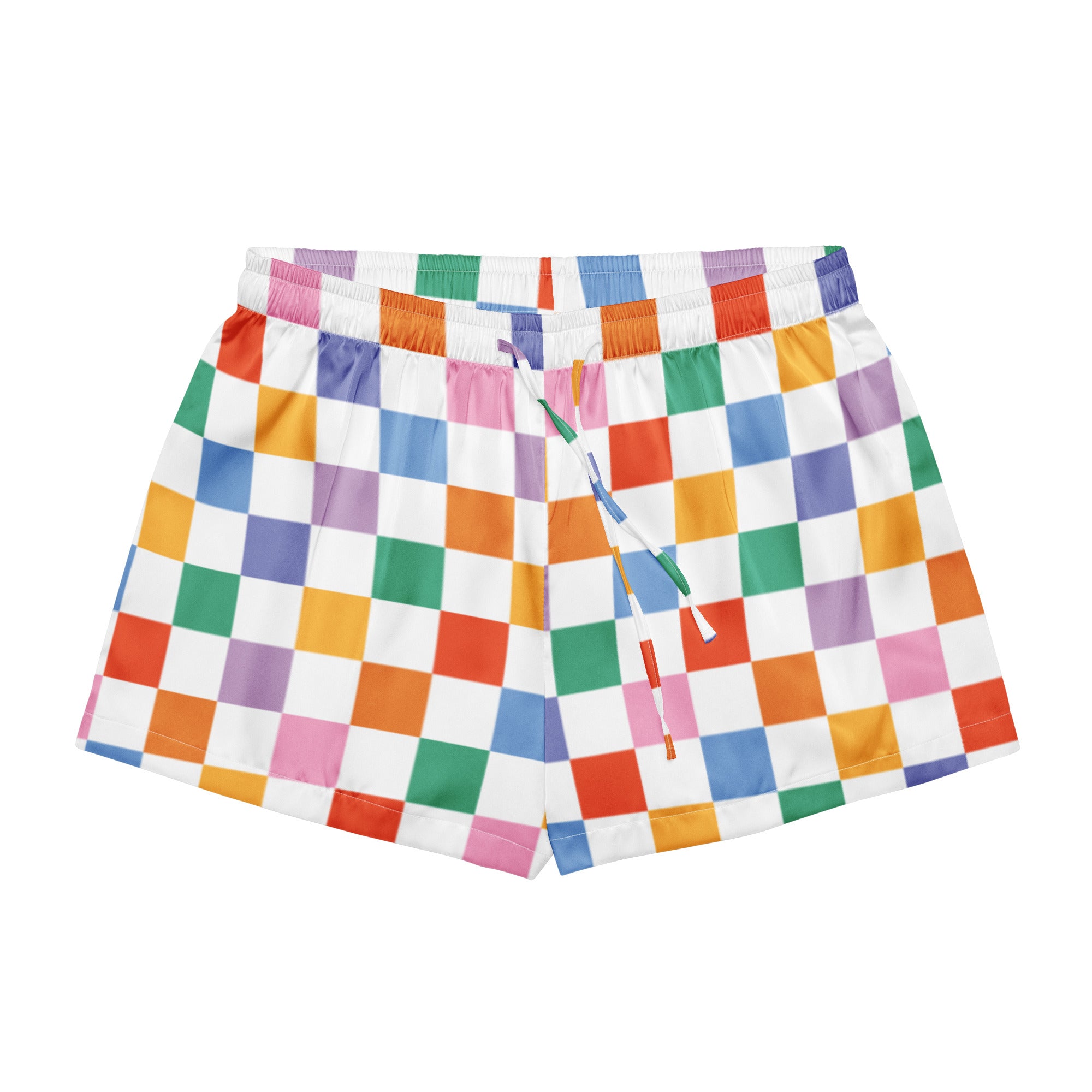 Women’s colorful checkerboard silky pajama shorts with rainbow checkered pattern white waistband and drawstrings