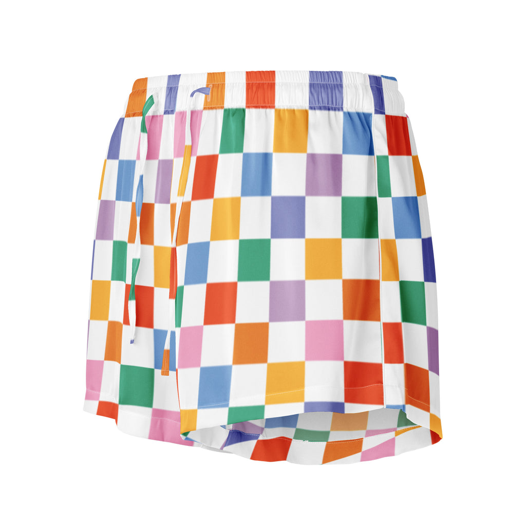 Women’s colorful checkerboard silky pajama shorts with rainbow check pattern, white elastic waistband, and drawstrings