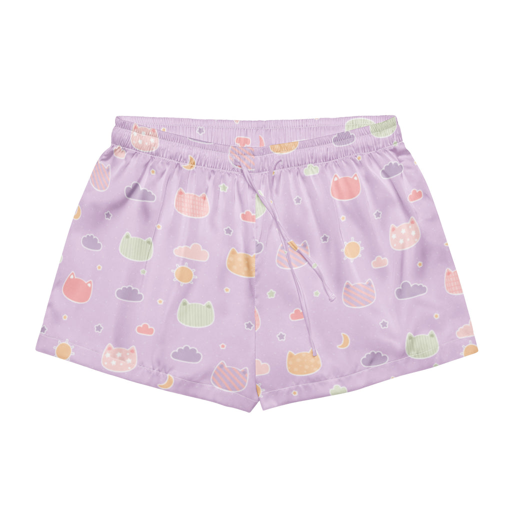 Women’s pastel lavender silky pajama shorts with kawaii cats clouds and stars pattern lightweight relaxed fit