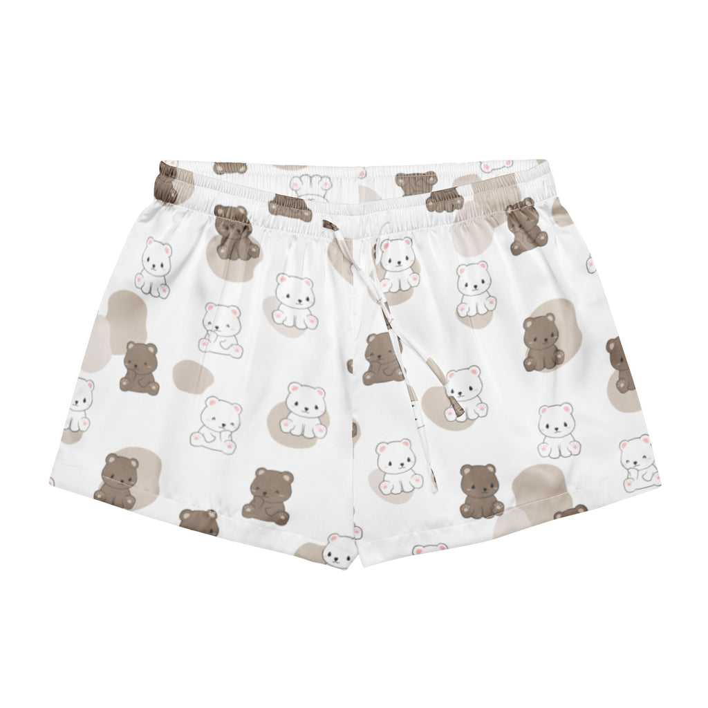 White women’s teddy bear silky pajama shorts with beige and brown cartoon bear pattern elastic drawstring waist