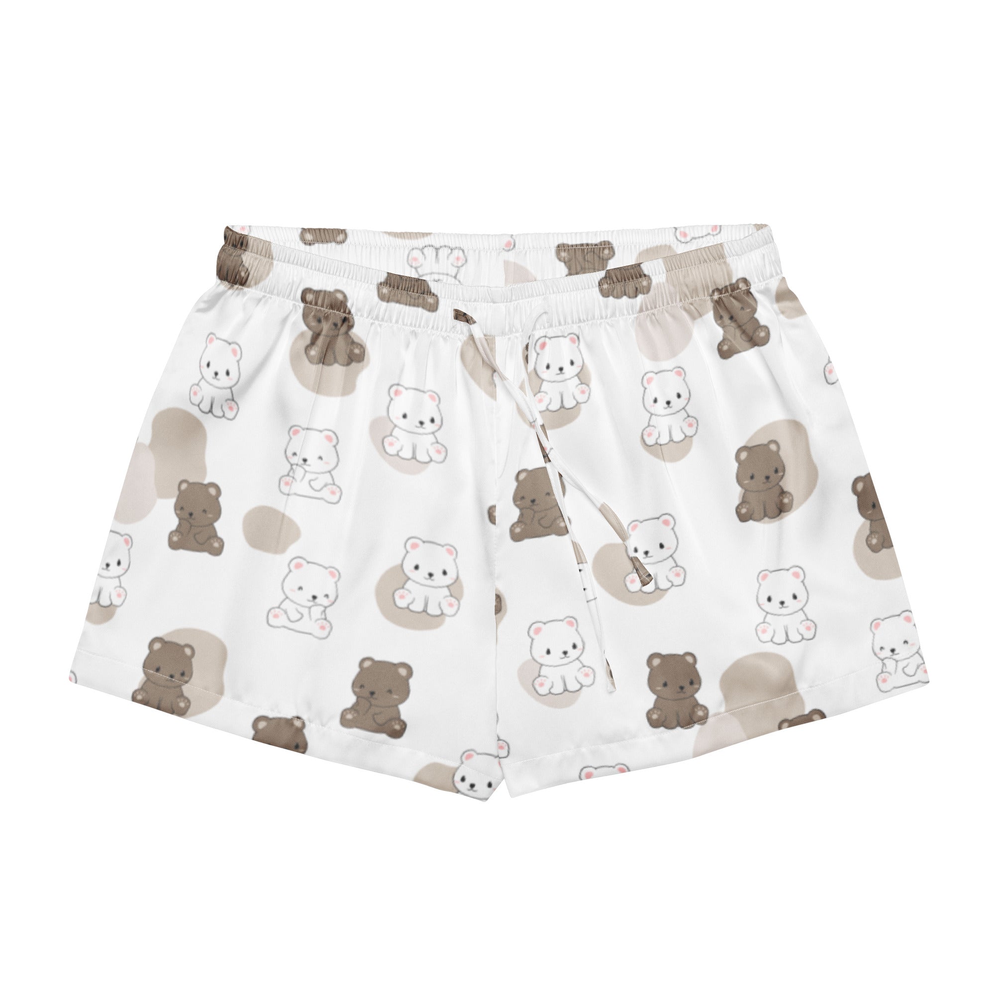 White women’s teddy bear silky pajama shorts with beige and brown cartoon bear pattern elastic drawstring waist