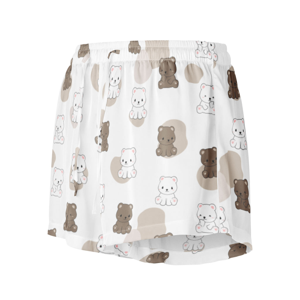 Women’s white silky pajama shorts with brown and white cartoon bear pattern lightweight relaxed fit with drawstring waist