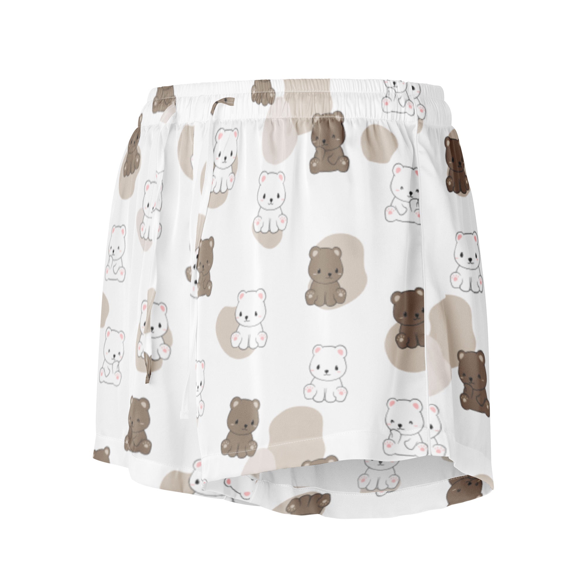 Women’s white silky pajama shorts with brown and white cartoon bear pattern lightweight relaxed fit with drawstring waist