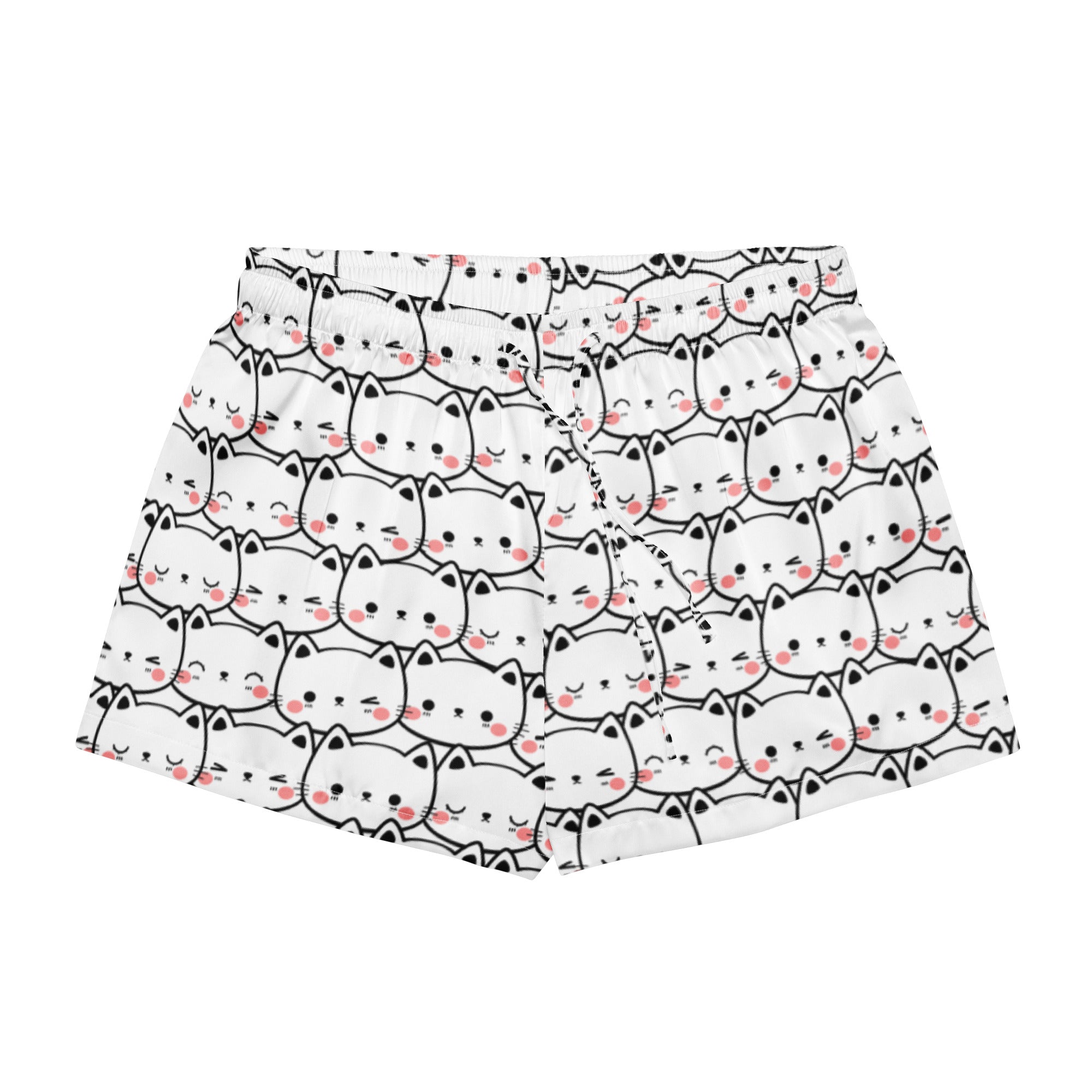 Women’s white silky pajama shorts with a lightweight relaxed fit featuring black outlined cartoon cats with pink cheeks