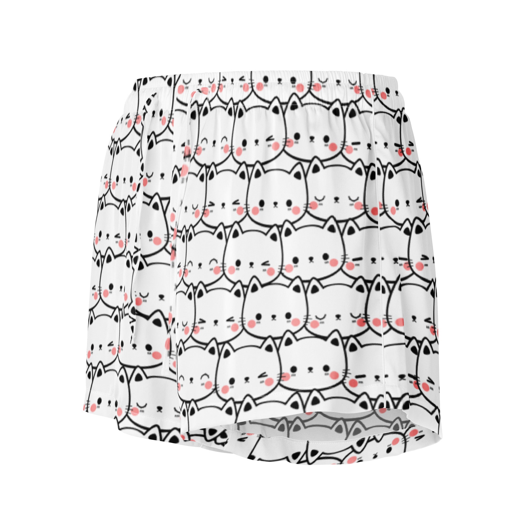 White silky pajama shorts with black outlined cartoon cats and pink blush cheeks featuring a drawstring waist
