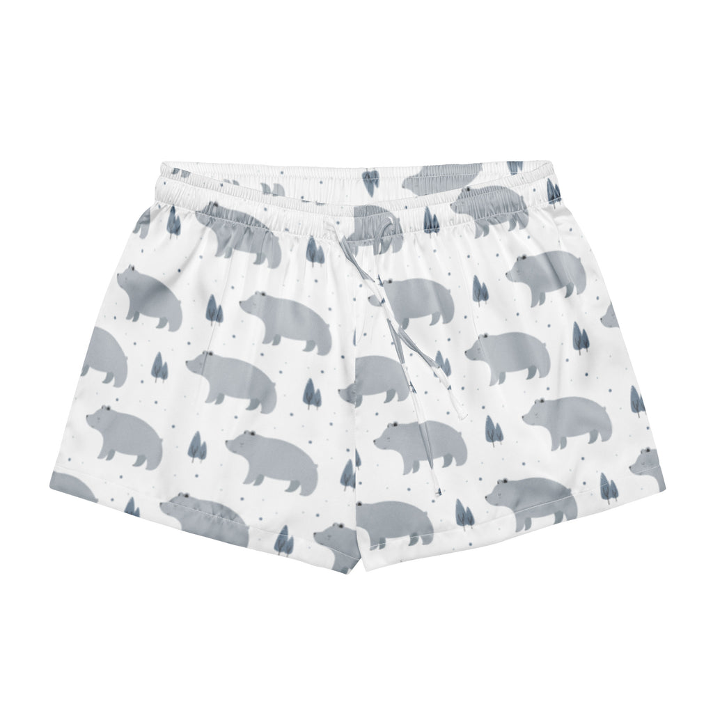 White silky pajama shorts with gray bear and tree pattern lightweight relaxed fit with drawstring waist for women