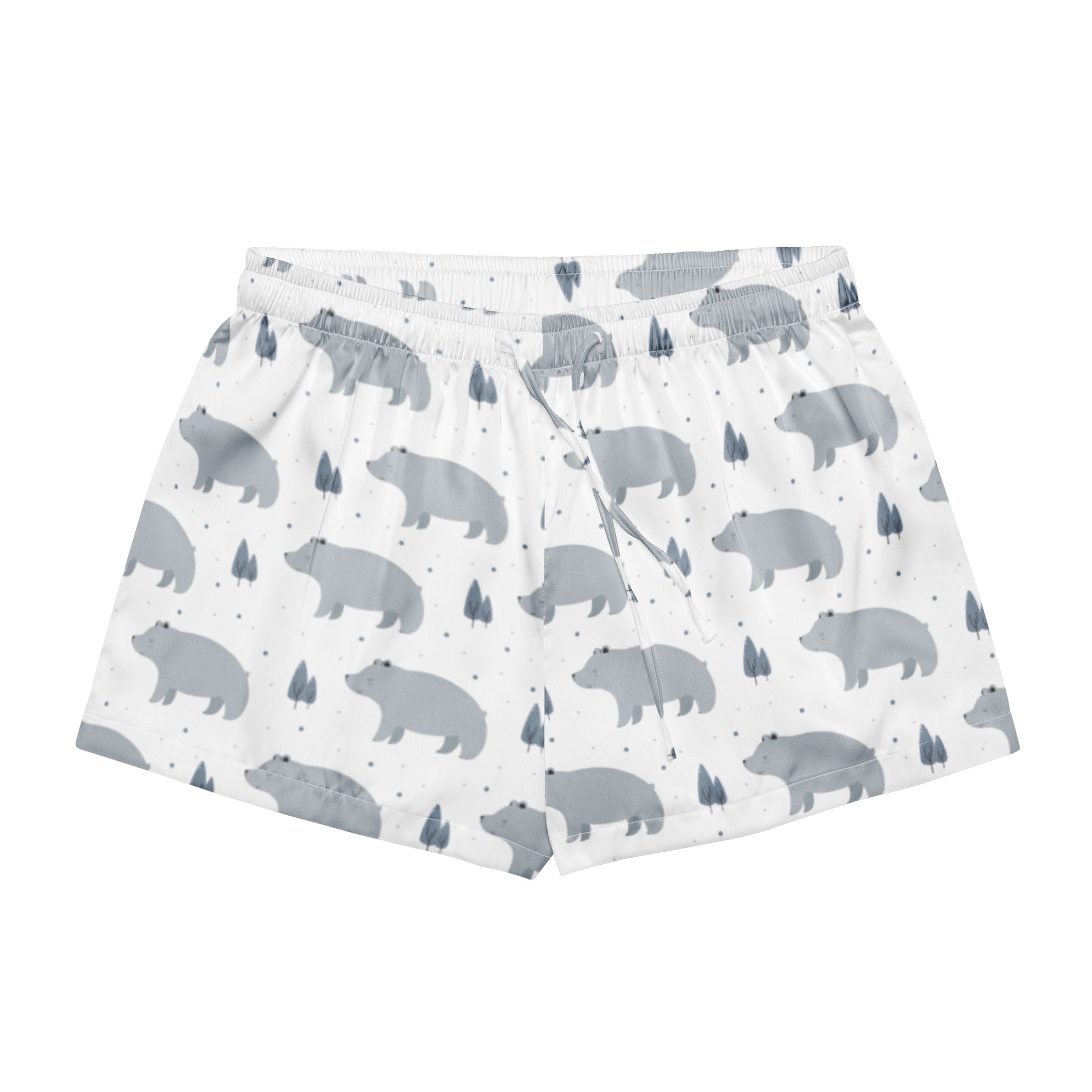 White silky pajama shorts with gray bear and tree pattern lightweight relaxed fit with drawstring waist for women