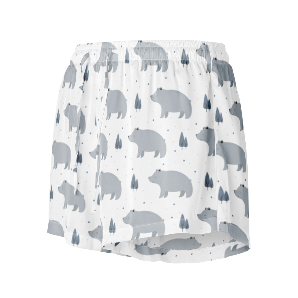 Women’s gray bear silky pajama shorts in white with gray bear and tree pattern lightweight relaxed fit