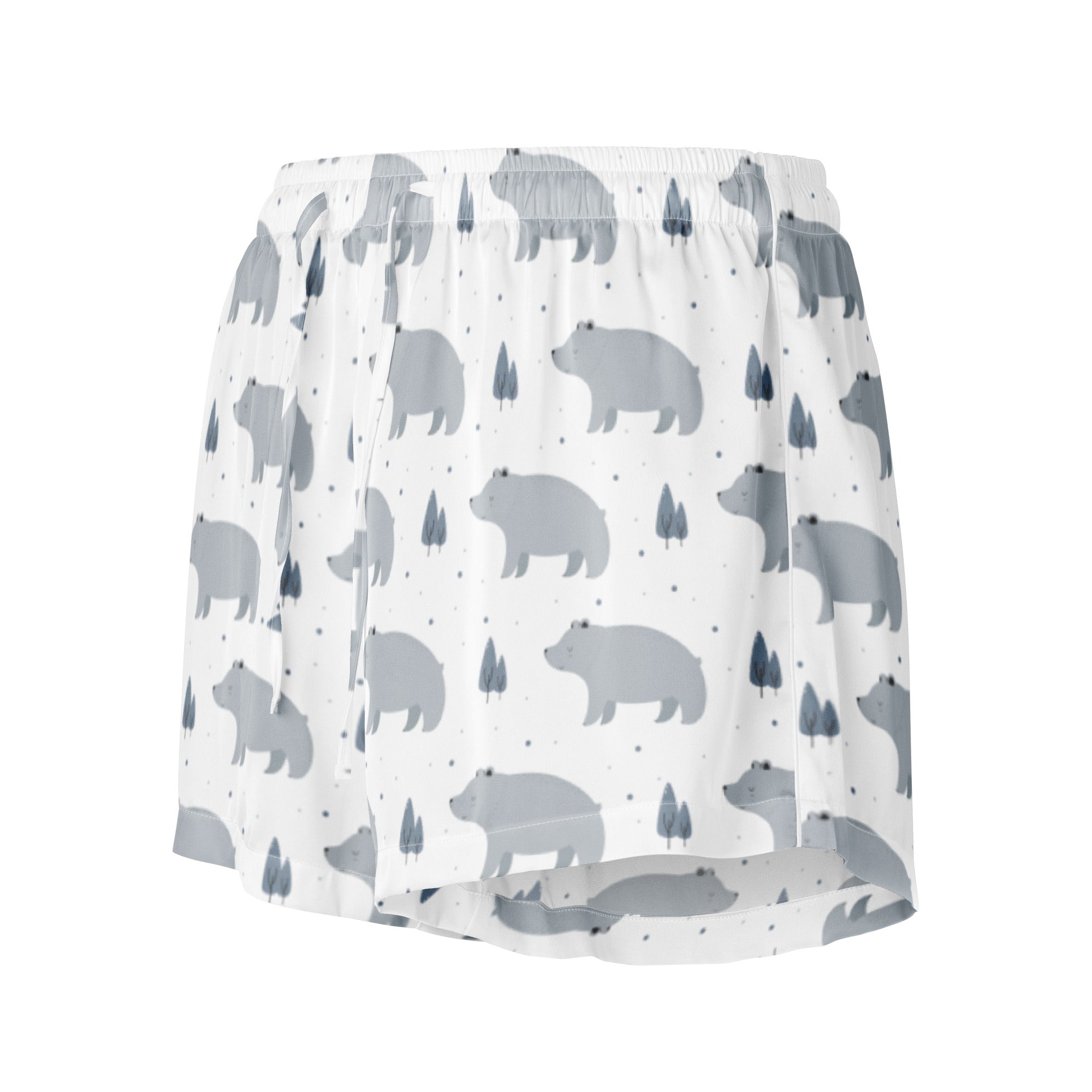 Women’s gray bear silky pajama shorts in white with gray bear and tree pattern lightweight relaxed fit