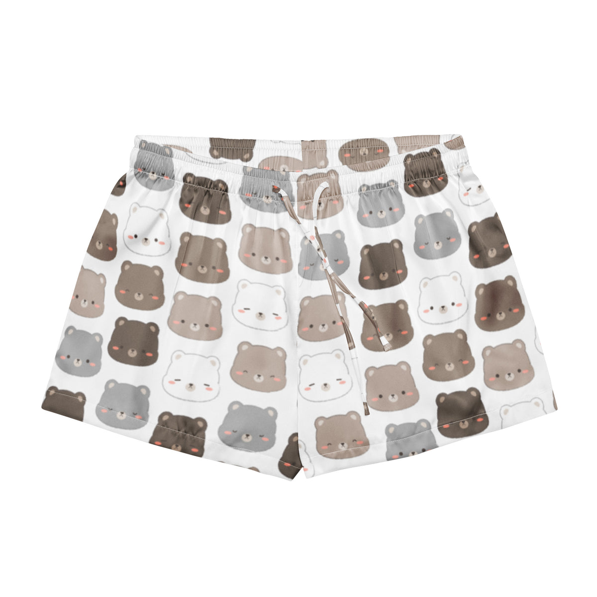 Women’s bear silky pajama shorts in white with playful brown gray and white cartoon bears and a drawstring waist