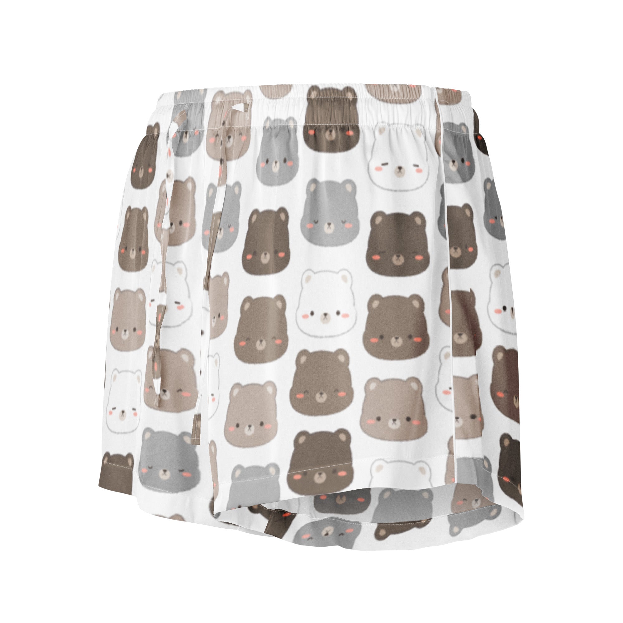White silky pajama shorts with lightweight relaxed fit and drawstring waist featuring playful cartoon bears pattern