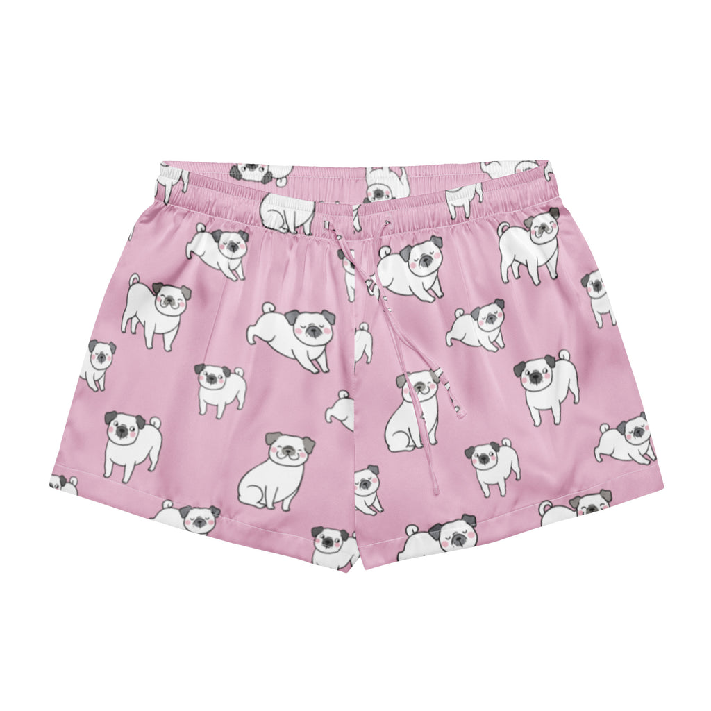 Women’s pink silky pajama shorts with playful white pugs black ears and noses lightweight relaxed fit with drawstring waist