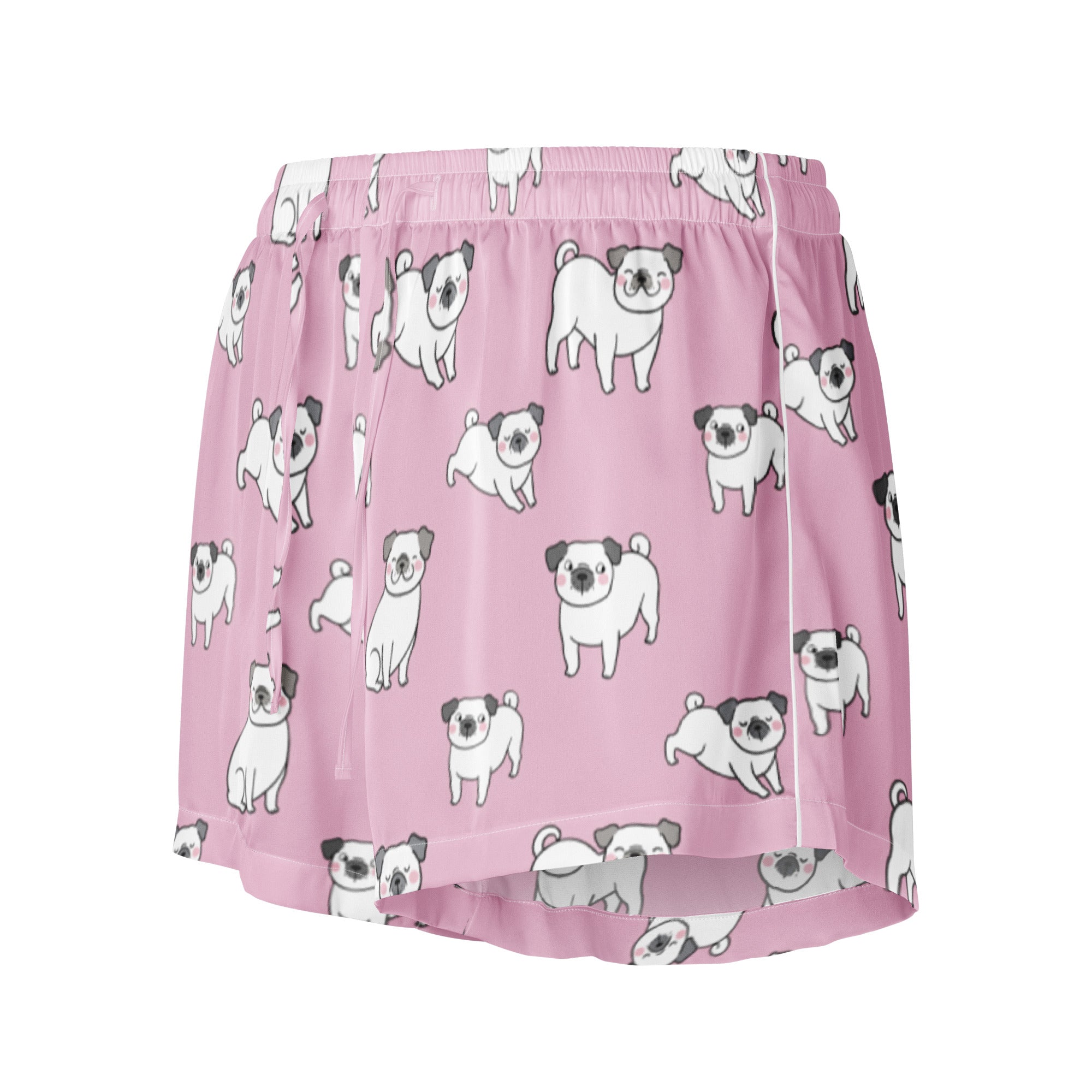 Women’s pink silky pajama shorts with a playful white and gray cartoon pug pattern and a drawstring waist