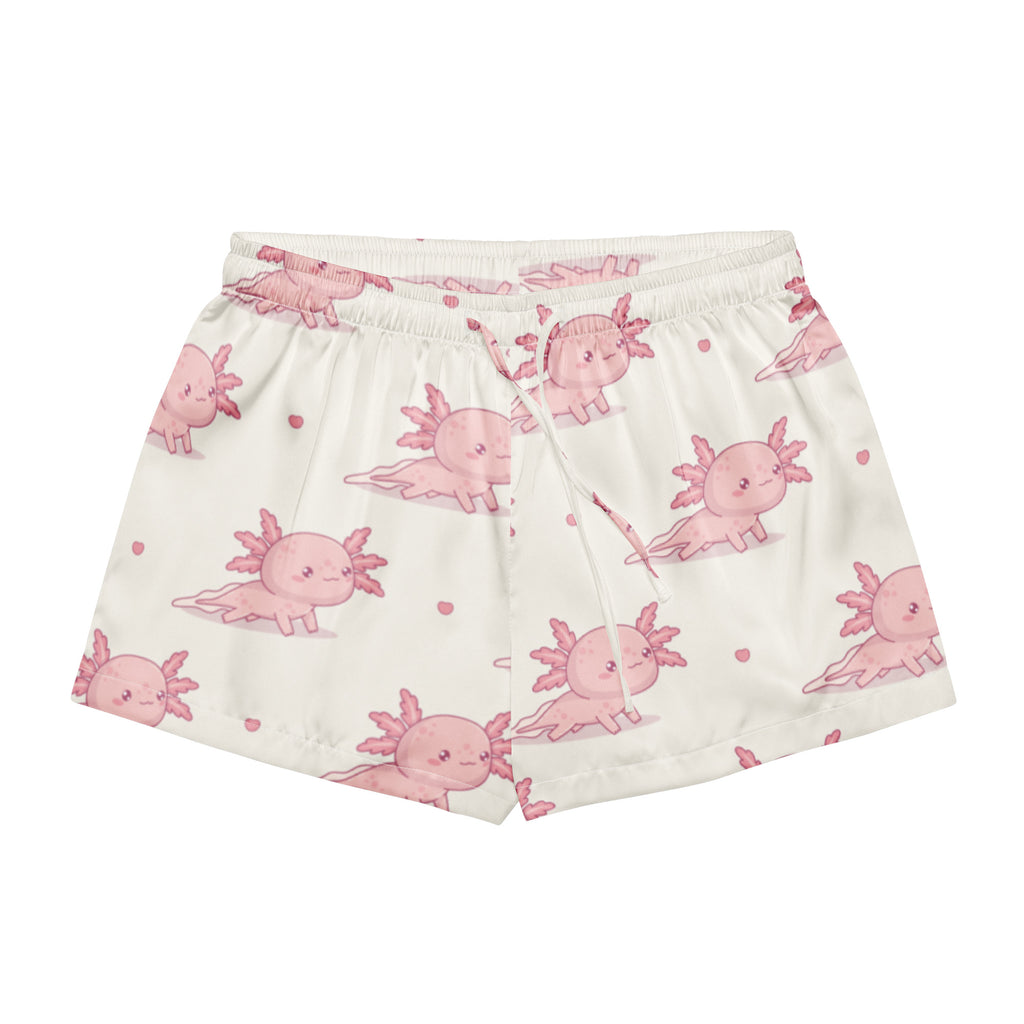 Cream-colored women’s silky pajama shorts with pink axolotl and heart pattern, lightweight relaxed fit with drawstring waist