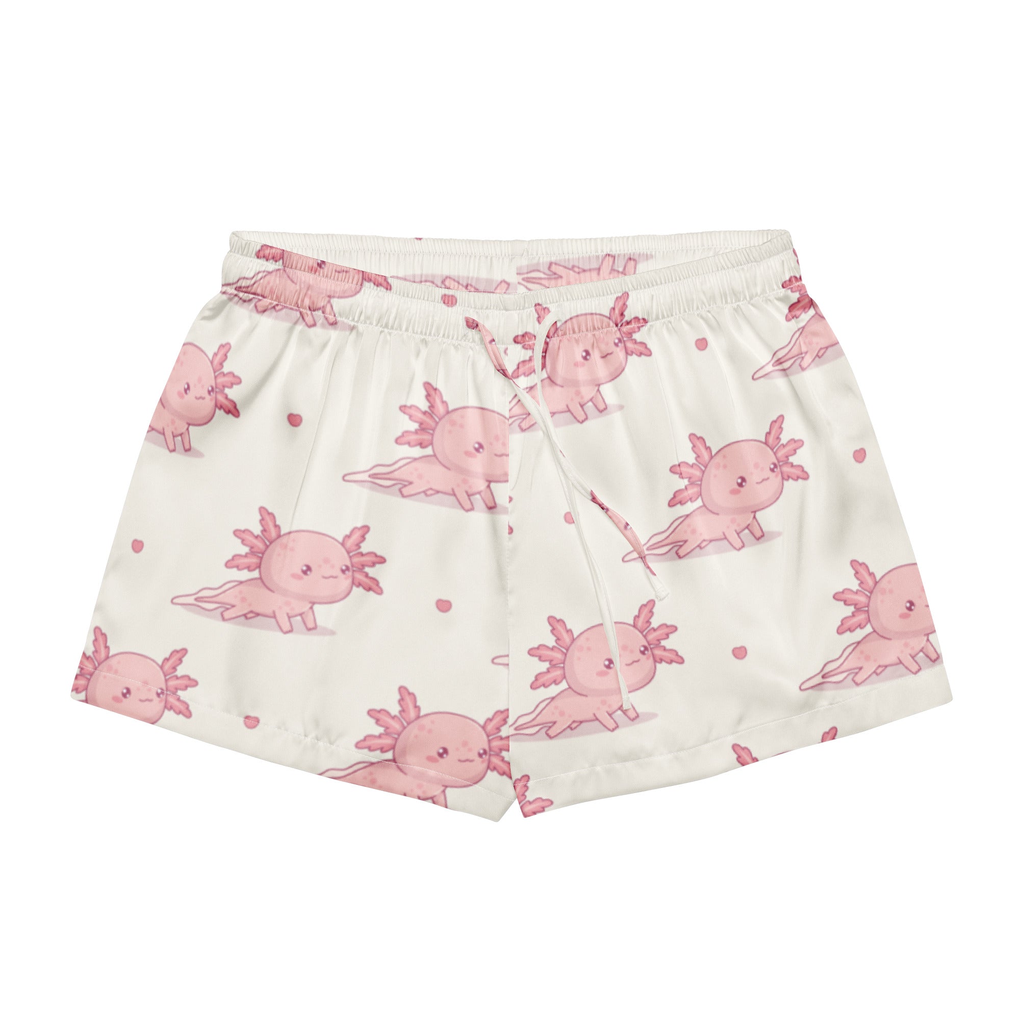 Cream-colored women’s silky pajama shorts with pink axolotl and heart pattern, lightweight relaxed fit with drawstring waist